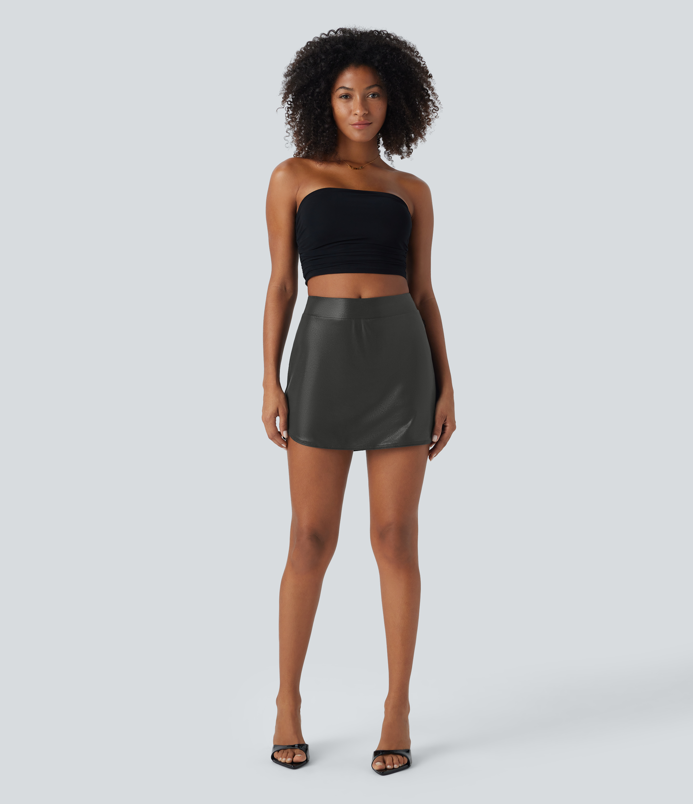 Halara Softlyzeroв„ў Faux Leather High Waisted 2-in-1 Side Pocket Curved Hem Metallic Foil Print Stretchy Bodycon Mini Party Skirt  - Shiny Dusk Black - XS(regular) 