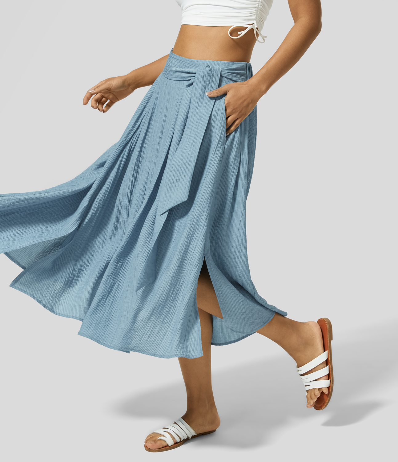 

Halara High Waisted Tie Front Side Pocket Split Flare Flowy Casual Midi Skirt - Light Blue