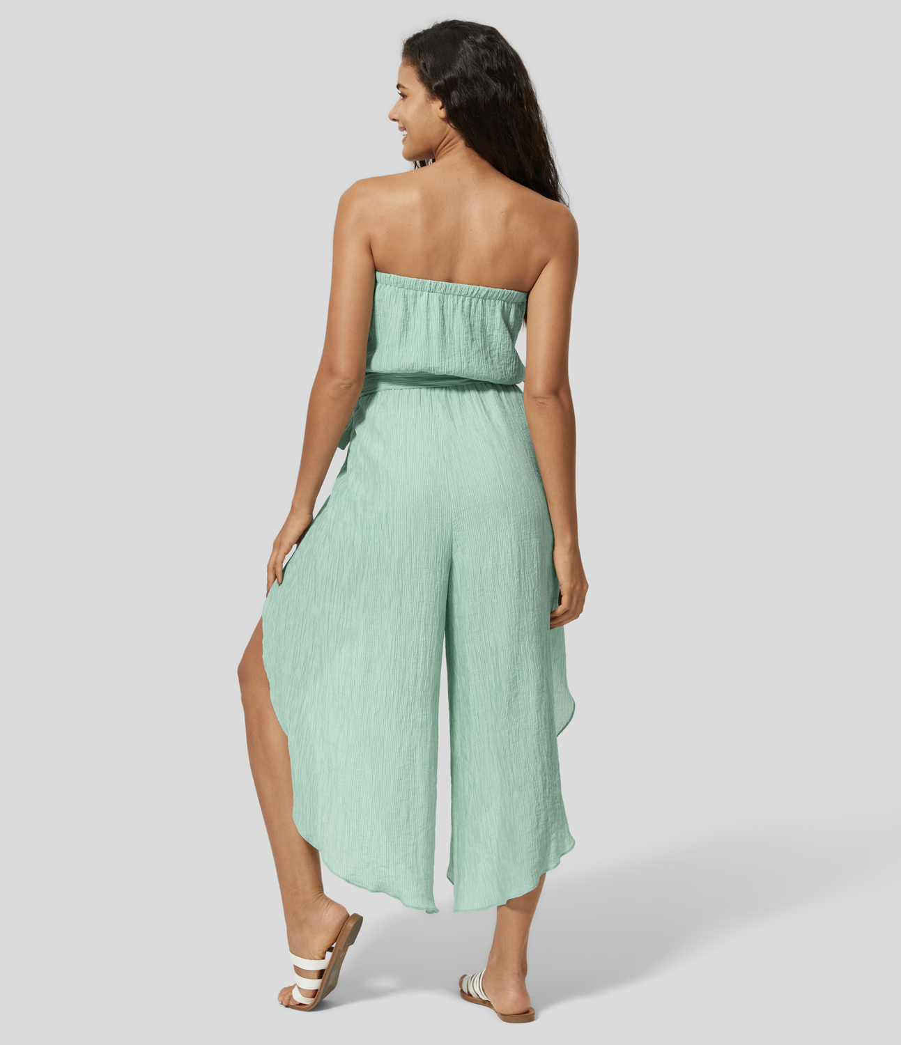 

Halara Strapless Backless Belted 2-in-1 Split Flowy Casual Jumpsuit - Mist Green