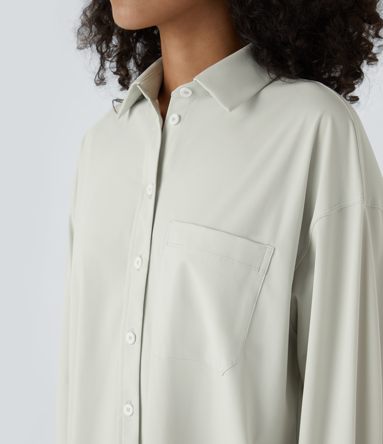 Halara Collared Button Long Sleeve Chest Pocket Curved Hem Casual Shirt  - Mystic Blue - XS 