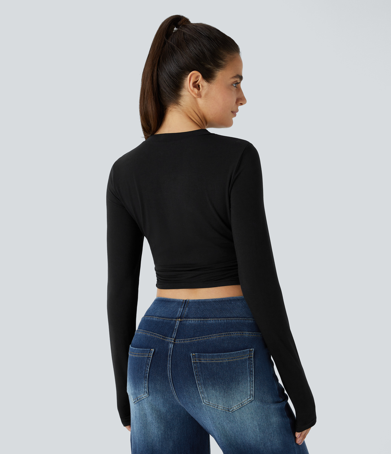 

Halara Round Neck Long Sleeve Ruched Skinny Cropped Casual Top Tank Top - Black -  golf tops halter top tunic tops sleeveless tops