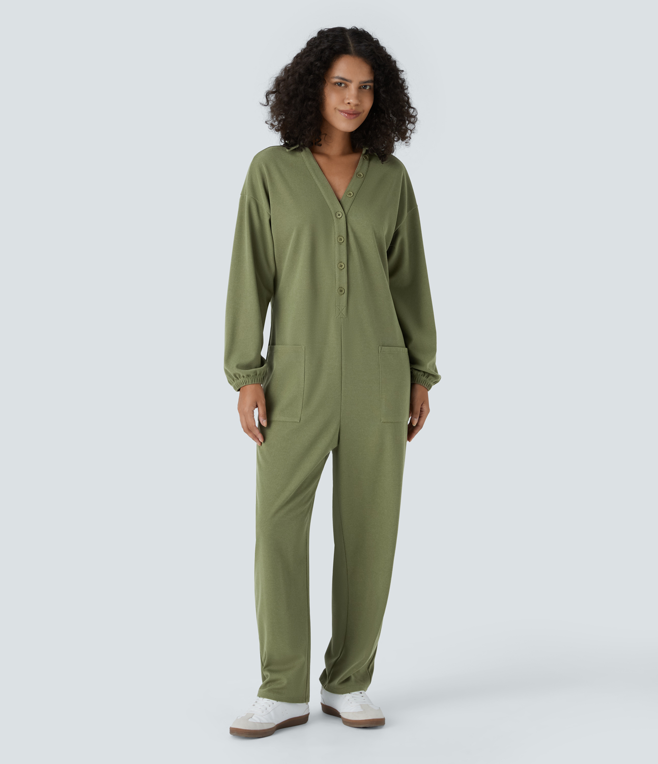 Loden Green V넥 긴팔 단추 멀티플 포켓 테이퍼드 와플 캐주얼 점프수트 / 1