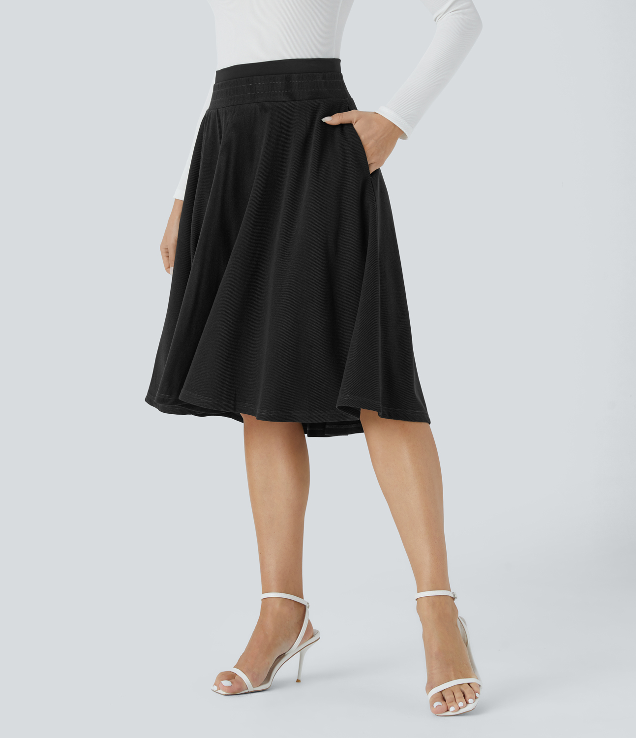 Halara Ribbed Double-Layer High Waisted Side Pocket Flare Midi Casual Skirt  - Black - L(regular) 