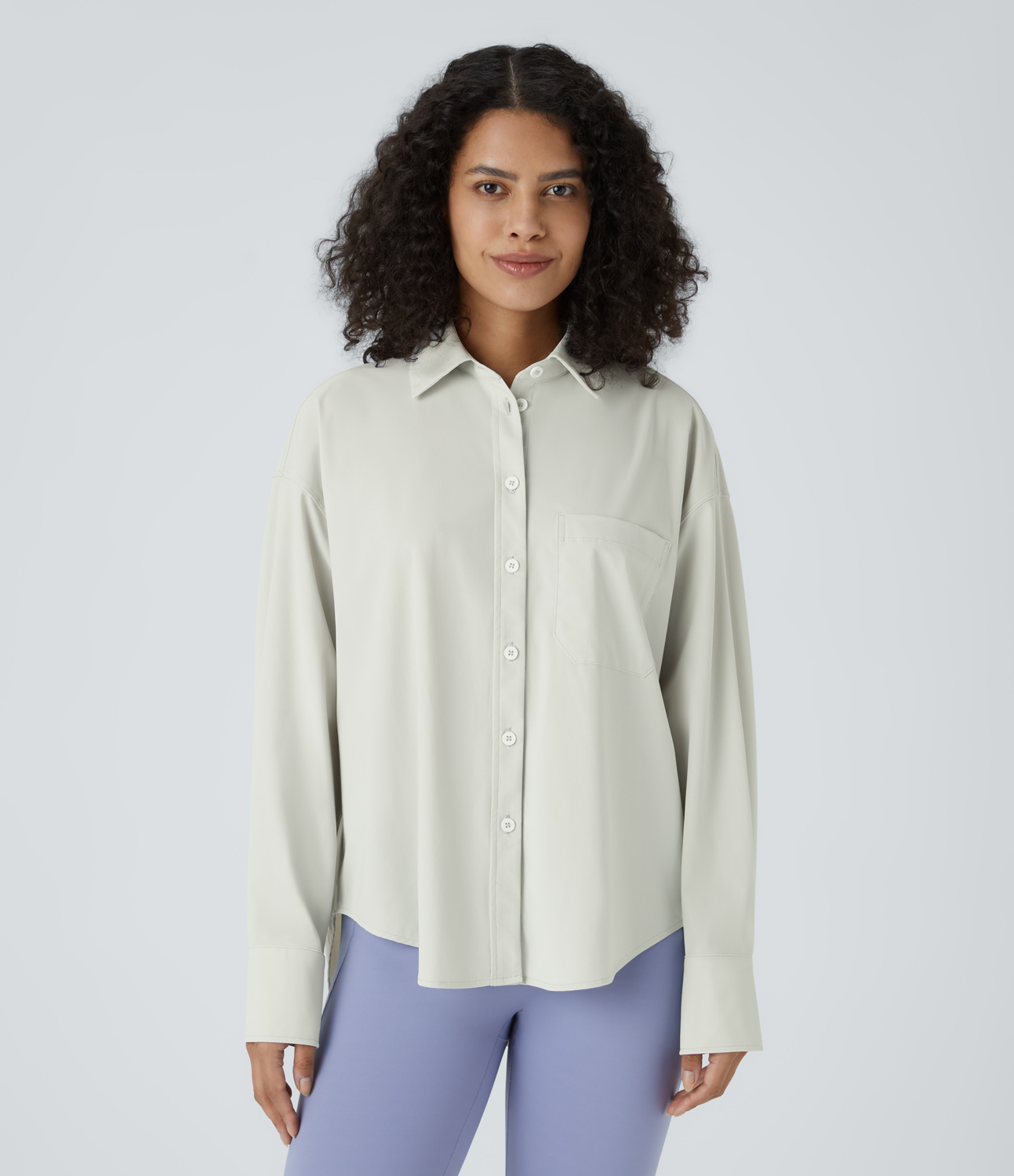Halara Collared Button Long Sleeve Chest Pocket Curved Hem Casual Shirt  - Mystic Blue - XS 