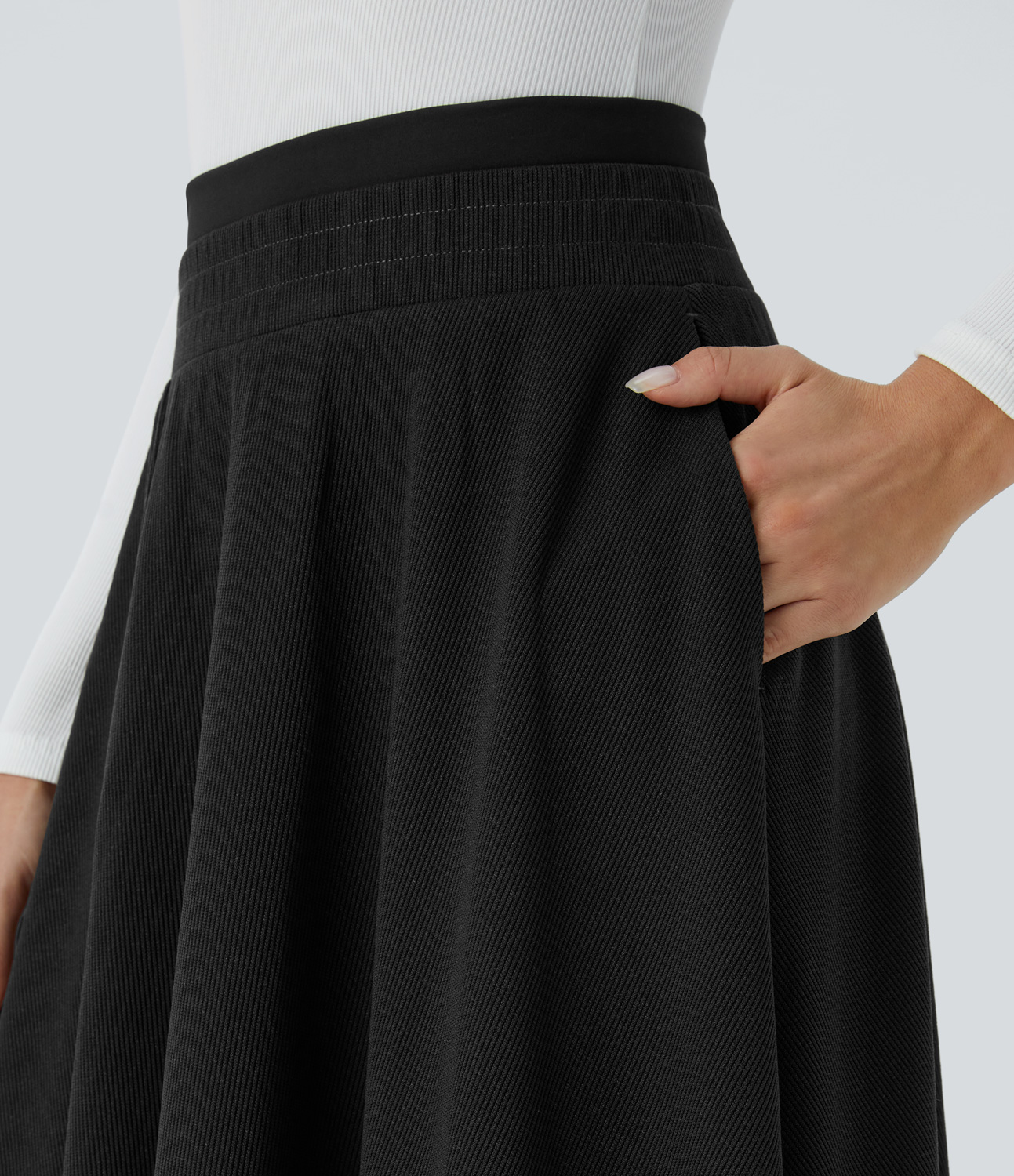 Halara Ribbed Double-Layer High Waisted Side Pocket Flare Midi Casual Skirt  - Black - L(regular) 