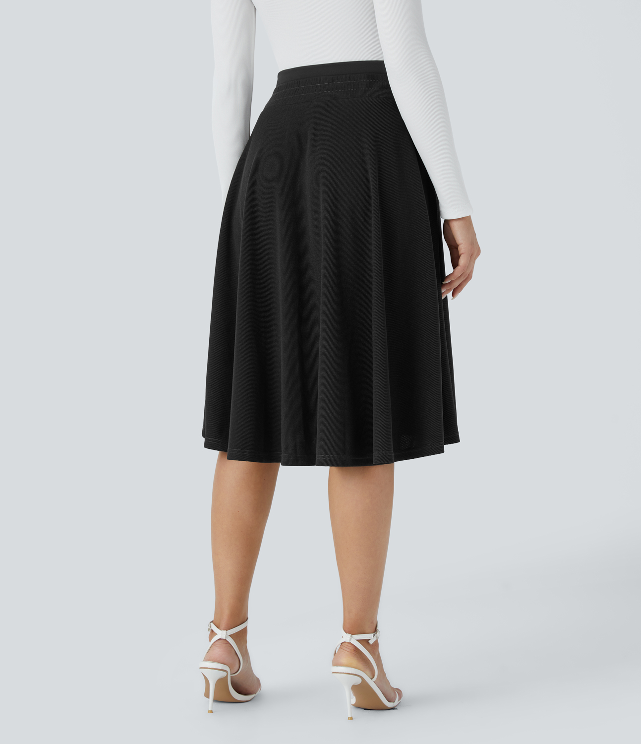 Halara Ribbed Double-Layer High Waisted Side Pocket Flare Midi Casual Skirt  - Black - L(regular) 