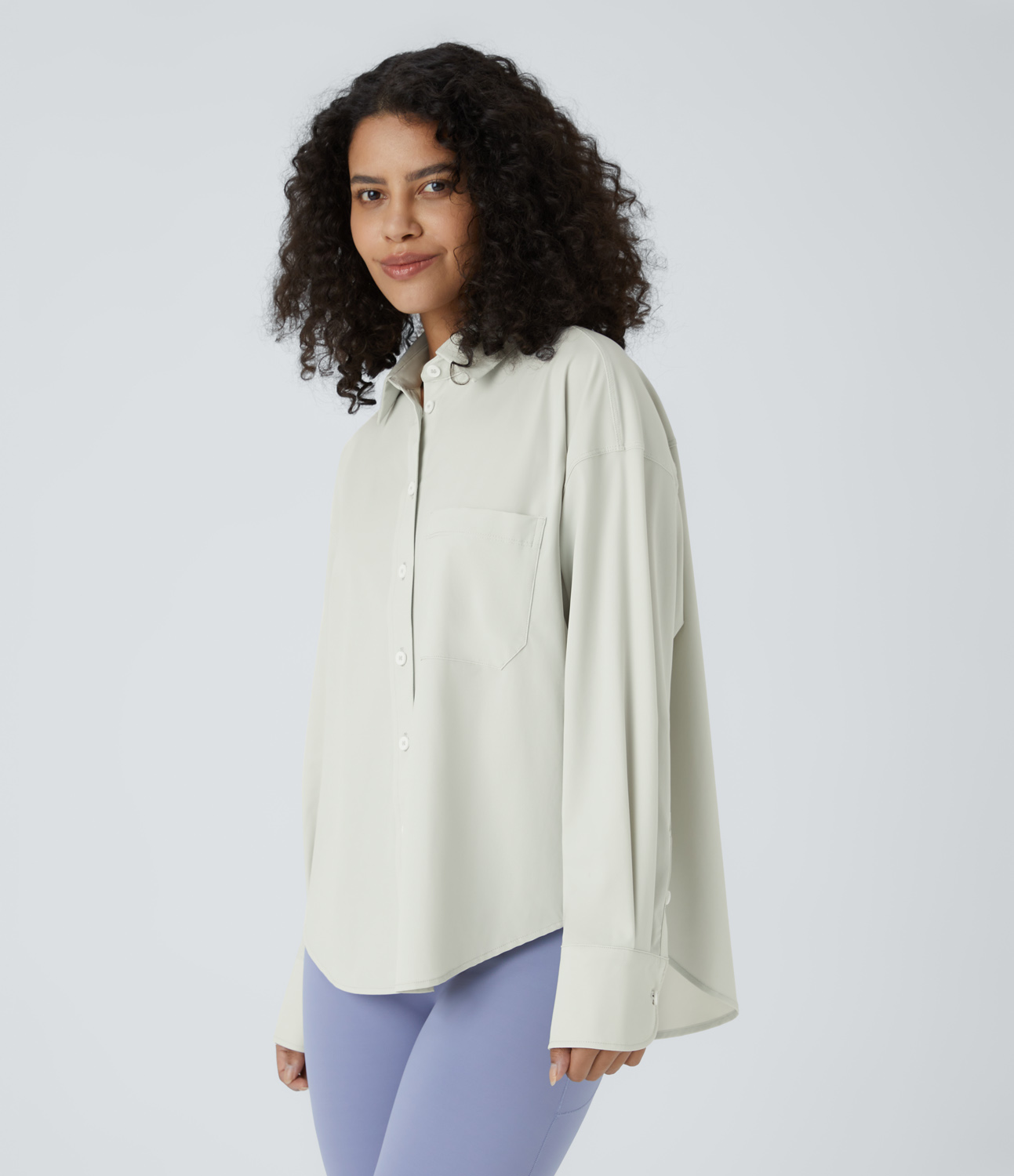 Halara Collared Button Long Sleeve Chest Pocket Curved Hem Casual Shirt  - Mystic Blue - XS 