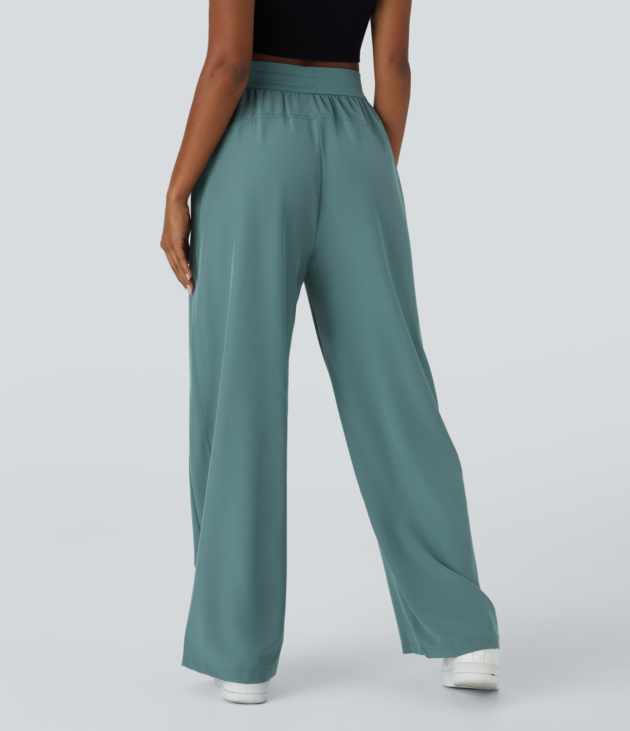Halara High Waisted Drawstring Side Pocket Wide Leg Casual Pants  - Stone Green - M(regular) sweatpants jogger pants stacked sweatpants 