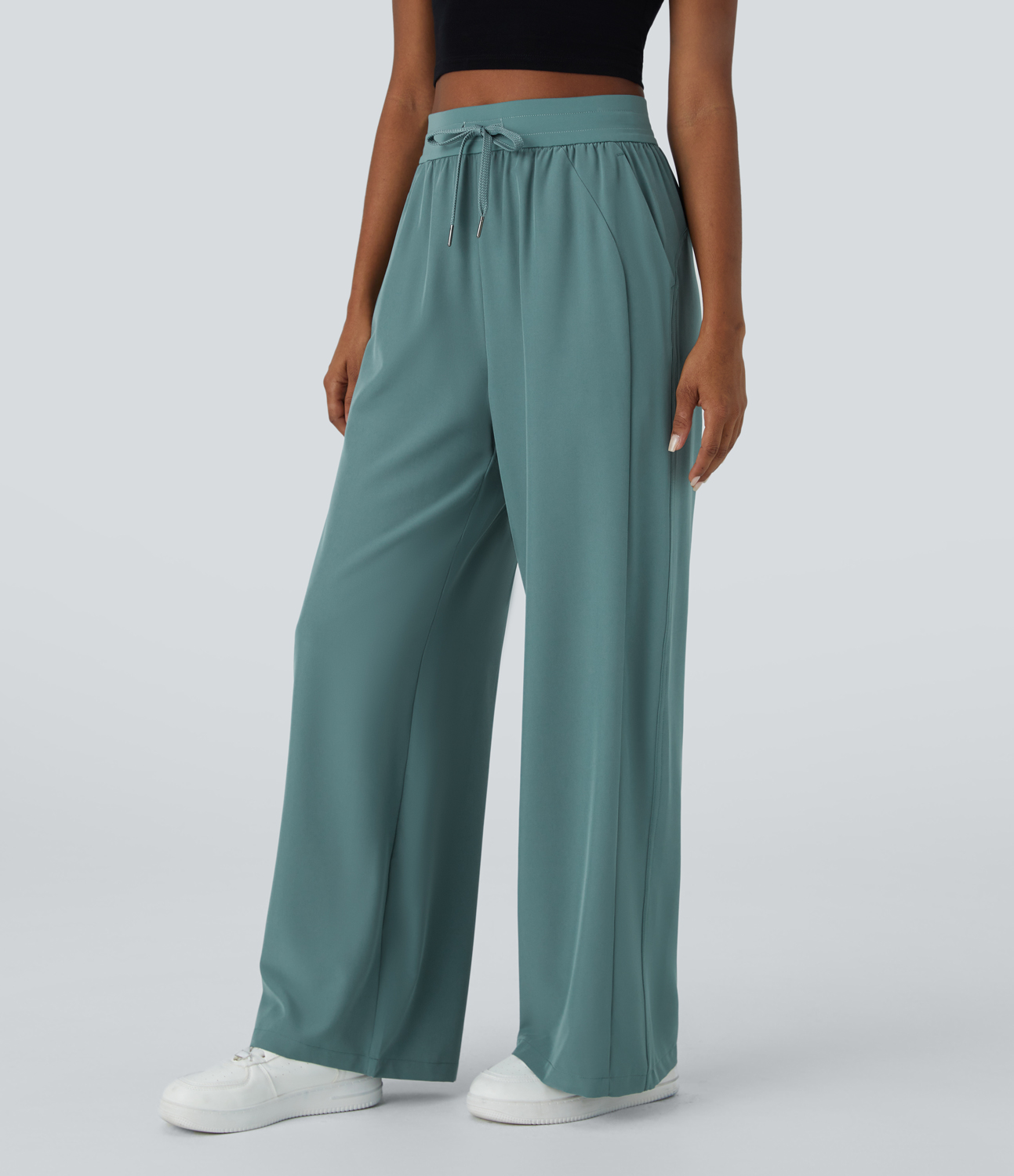 Halara High Waisted Drawstring Side Pocket Wide Leg Casual Pants  - Stone Green - M(regular) sweatpants jogger pants stacked sweatpants 