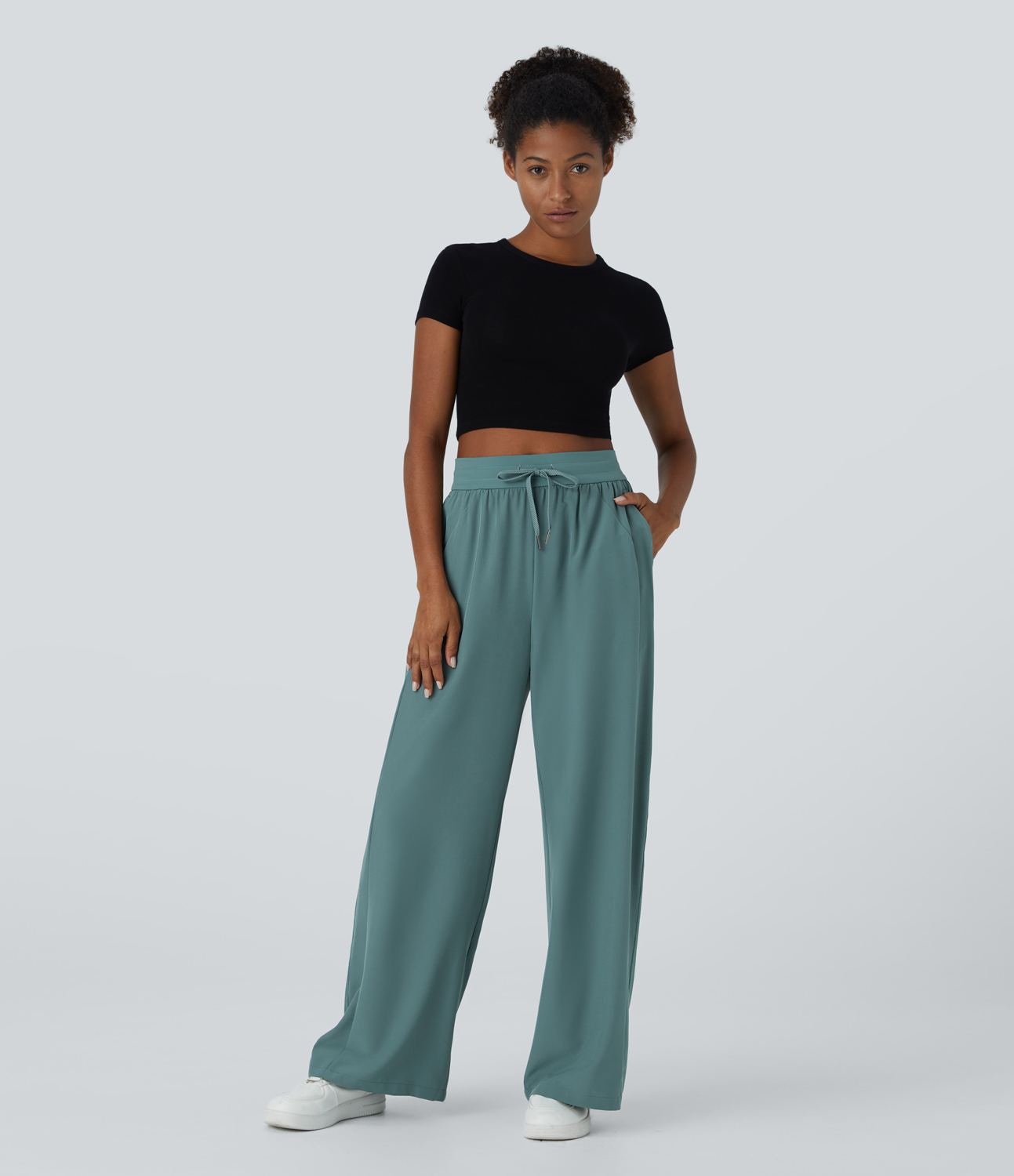Halara High Waisted Drawstring Side Pocket Wide Leg Casual Pants  - Stone Green - M(regular) sweatpants jogger pants stacked sweatpants 