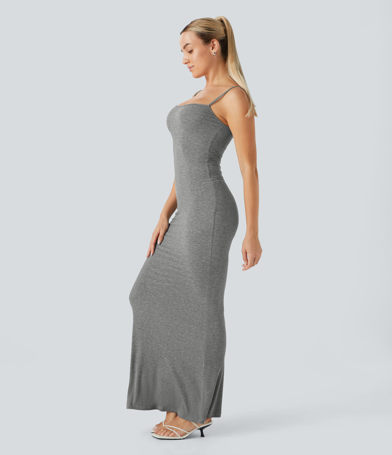 Halara Adjustable Strap Bodycon Maxi Casual Slip Dress Casual Dress - Fog Gray - S slip dress beach dress ruched dress halter dress 
