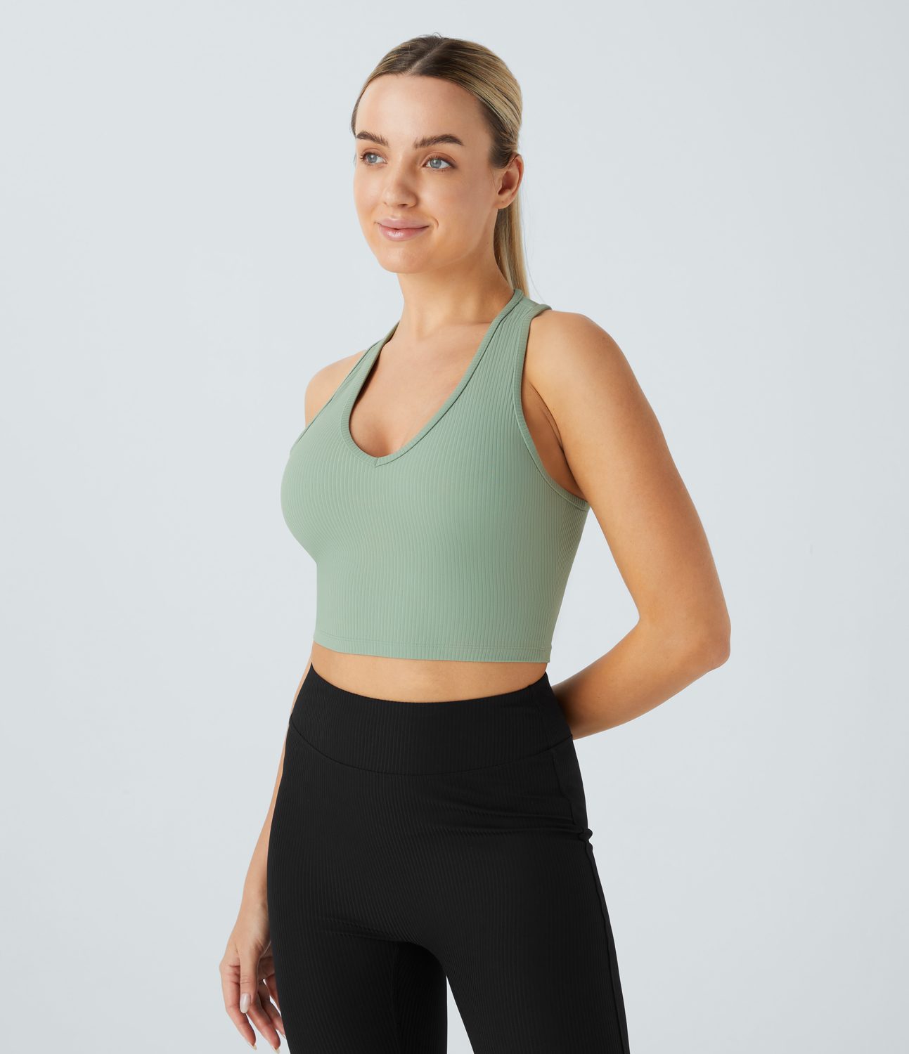 Halara V Neck Racerback Cropped Yoga Tank Top Tank Top - Frosty Green - M golf tops halter top tunic tops sleeveless tops backless top 