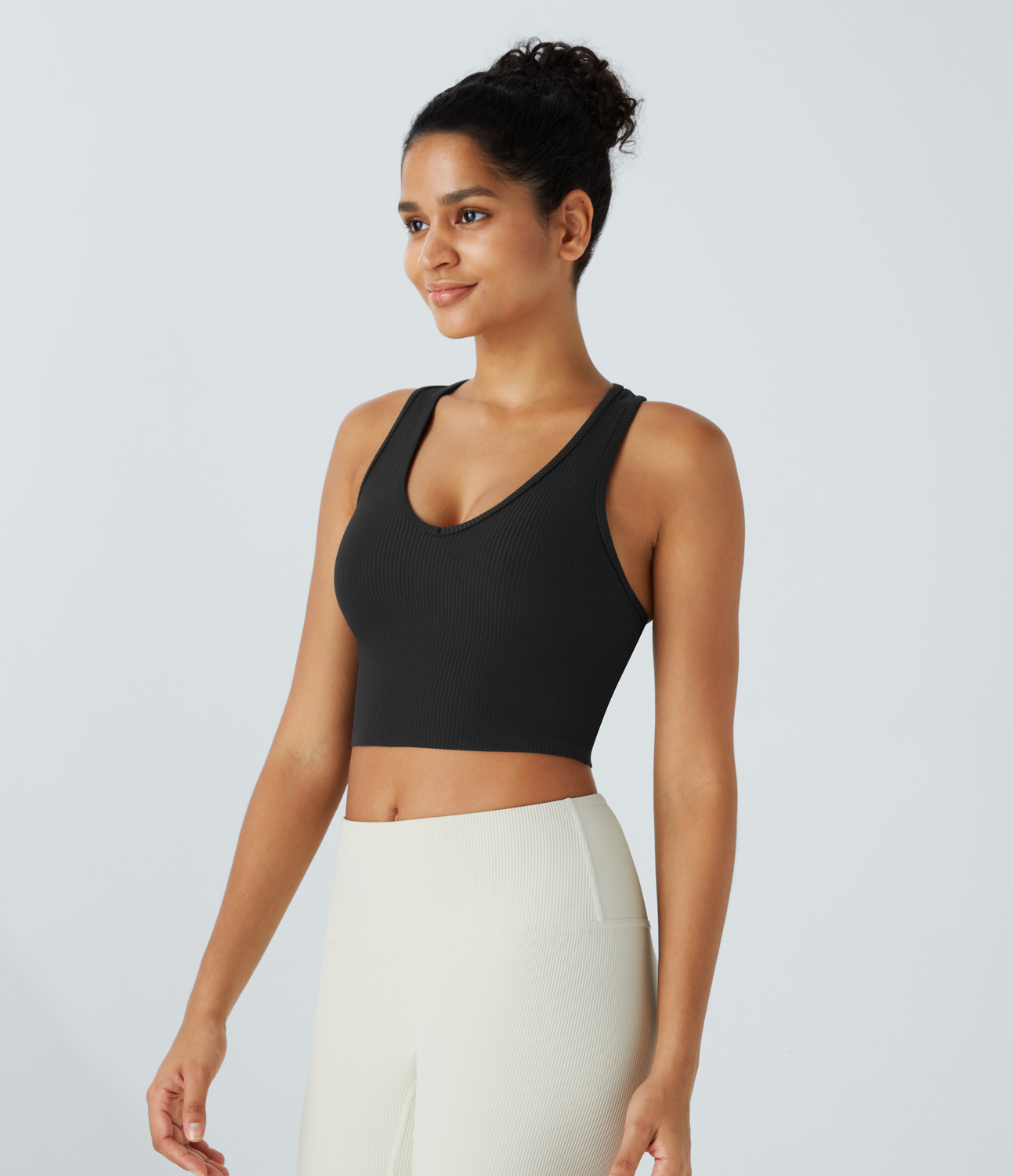Halara V Neck Racerback Cropped Yoga Tank Top Tank Top - Black - S golf tops halter top tunic tops sleeveless tops backless top 
