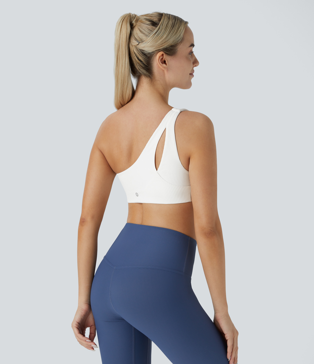 Halara Ribbed One Shoulder Backless Yoga Sports Bra  - White - XS push up bra strapless bra backless bra sticky bra wireless bra 