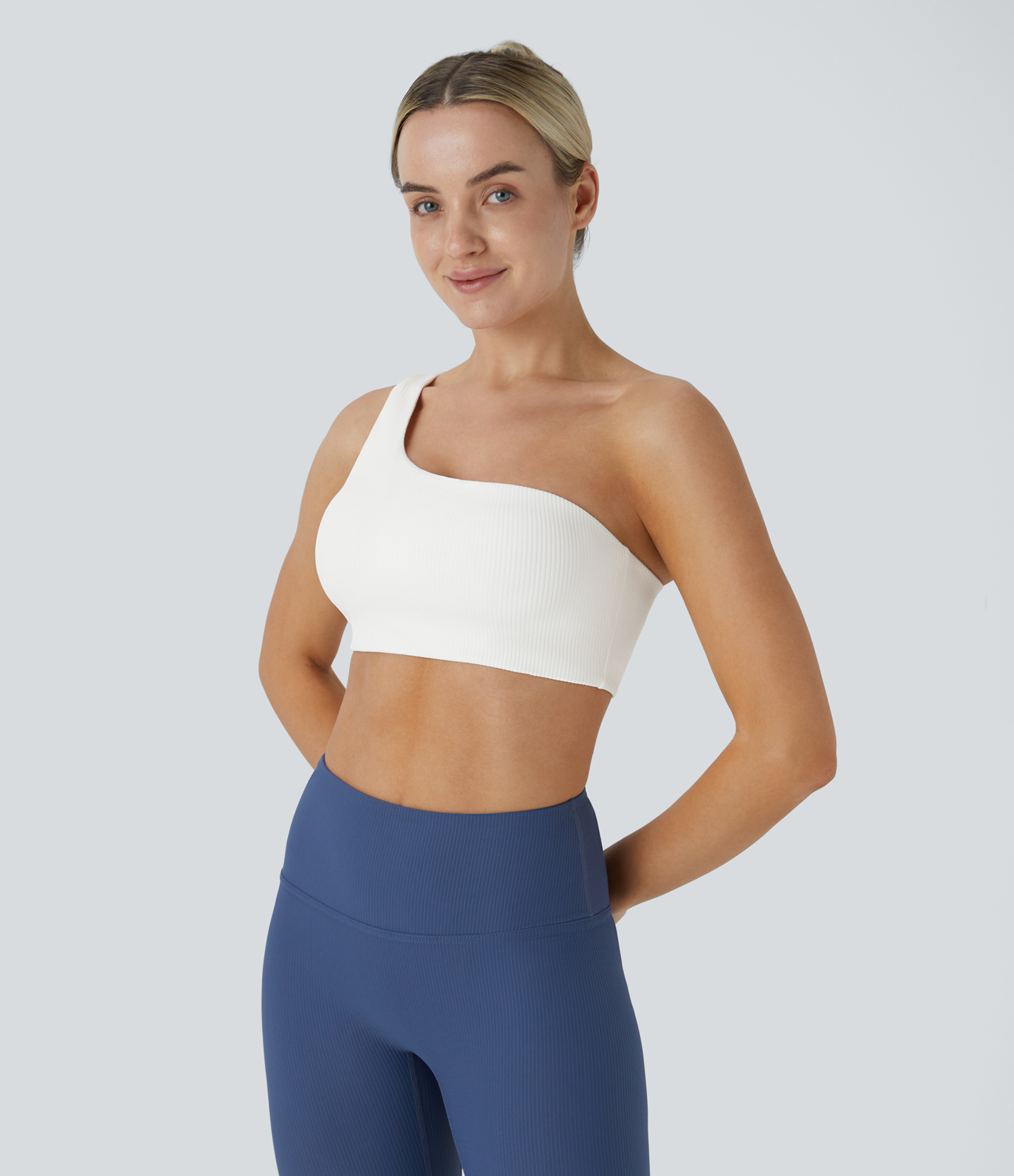 Halara Ribbed One Shoulder Backless Yoga Sports Bra  - White - XS push up bra strapless bra backless bra sticky bra wireless bra 