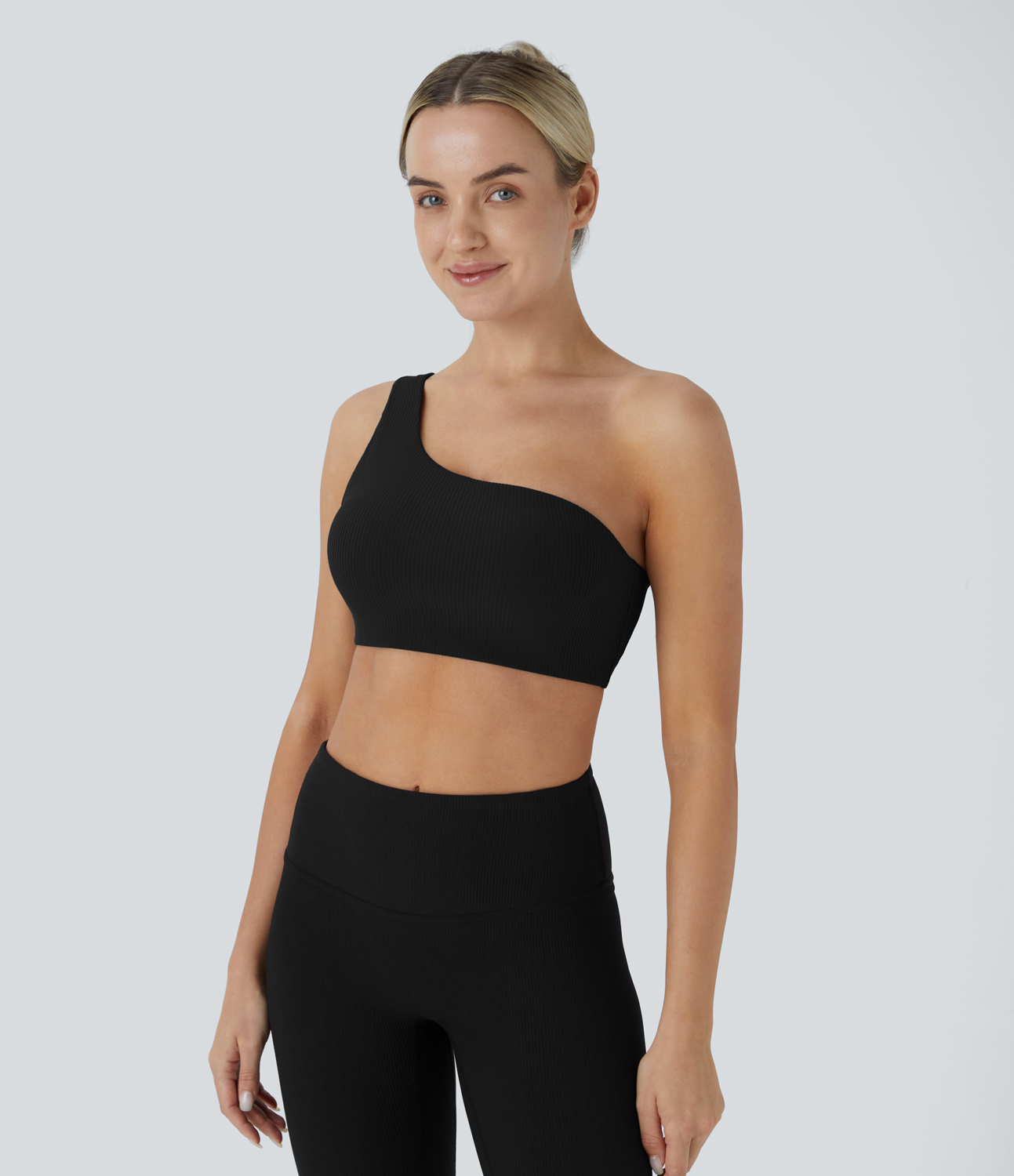 Halara Ribbed One Shoulder Backless Yoga Sports Bra  - Black - M push up bra strapless bra backless bra sticky bra wireless bra 