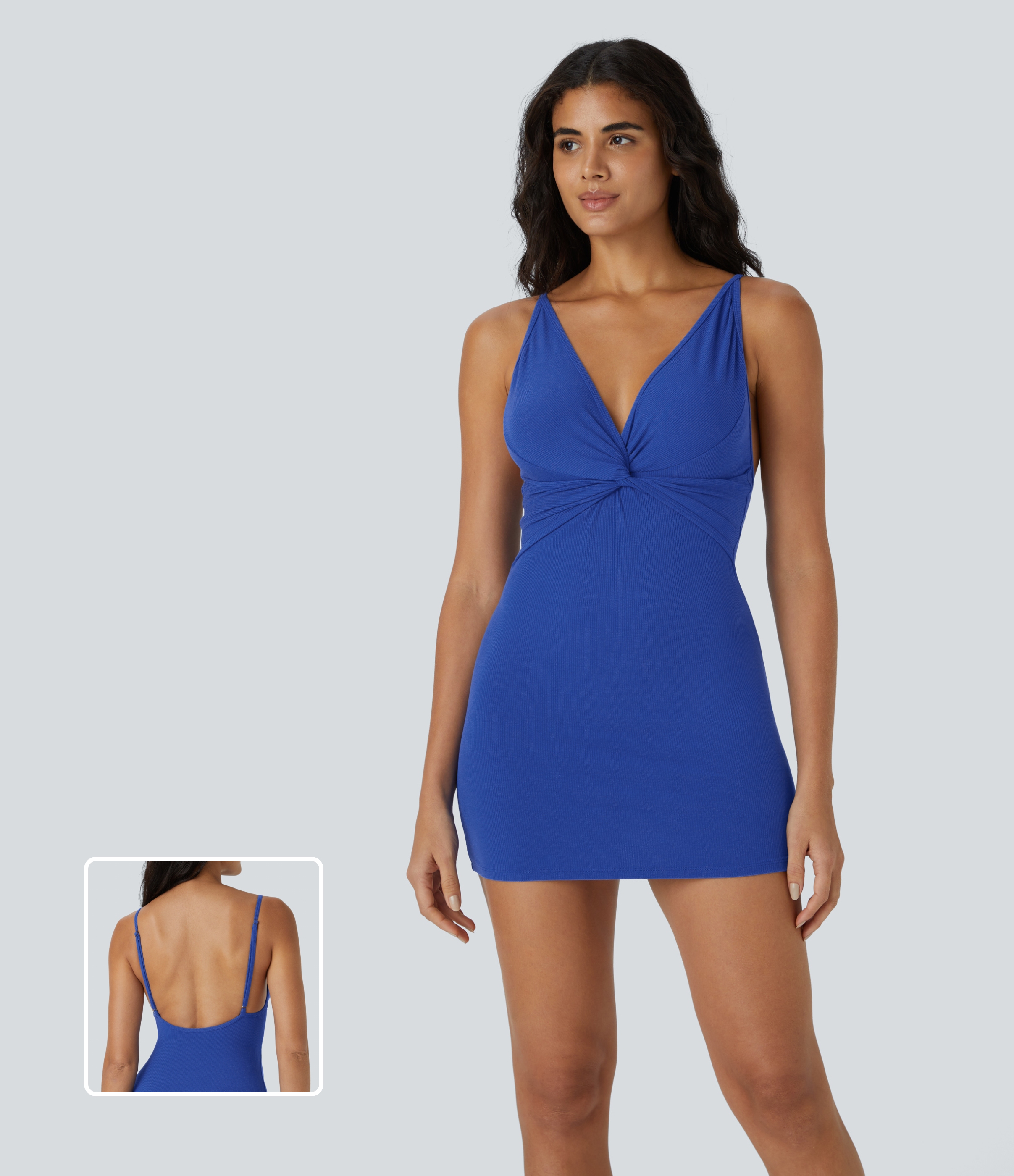Halara Ribbed Knit Sleeveless Backless Deep V Neck Twisted Mini Casual Dress Casual Dress - Surf the Web - XS slip dress beach dress 
