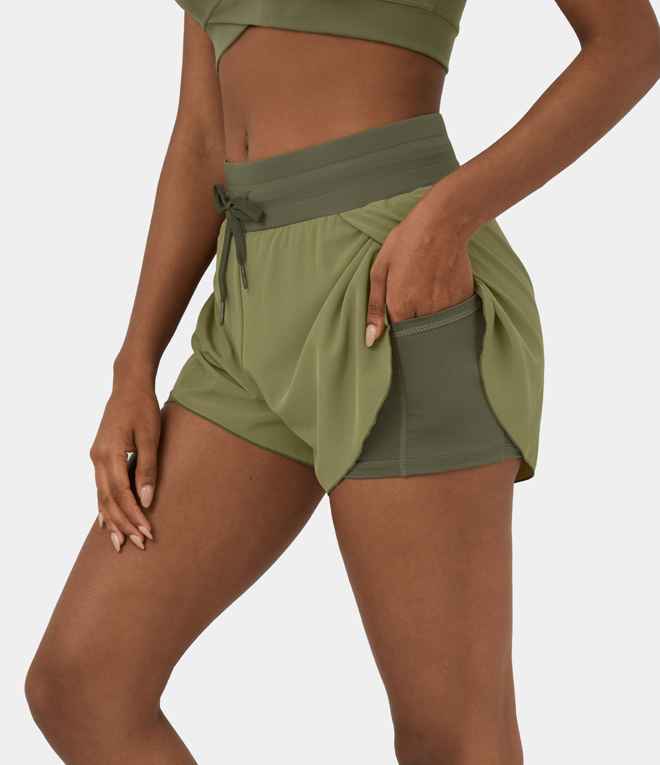 Halara High Waisted Drawstring 2-in-1 Side Pocket Color Block Casual Shorts 3`` Gym Short - Fir Green - M booty shorts compression shorts 
