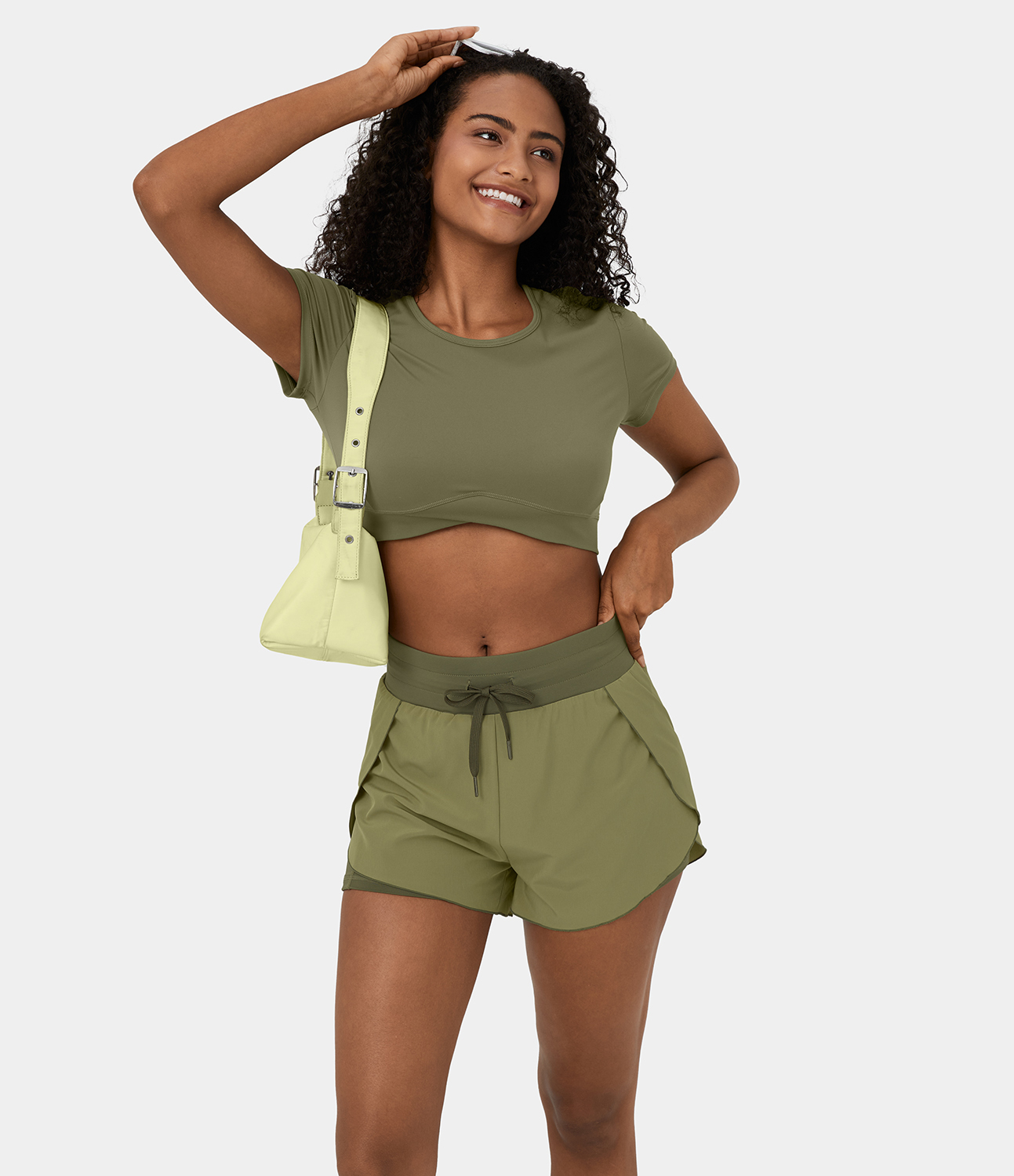 Halara High Waisted Drawstring 2-in-1 Side Pocket Color Block Casual Shorts 3`` Gym Short - Fir Green - M booty shorts compression shorts 