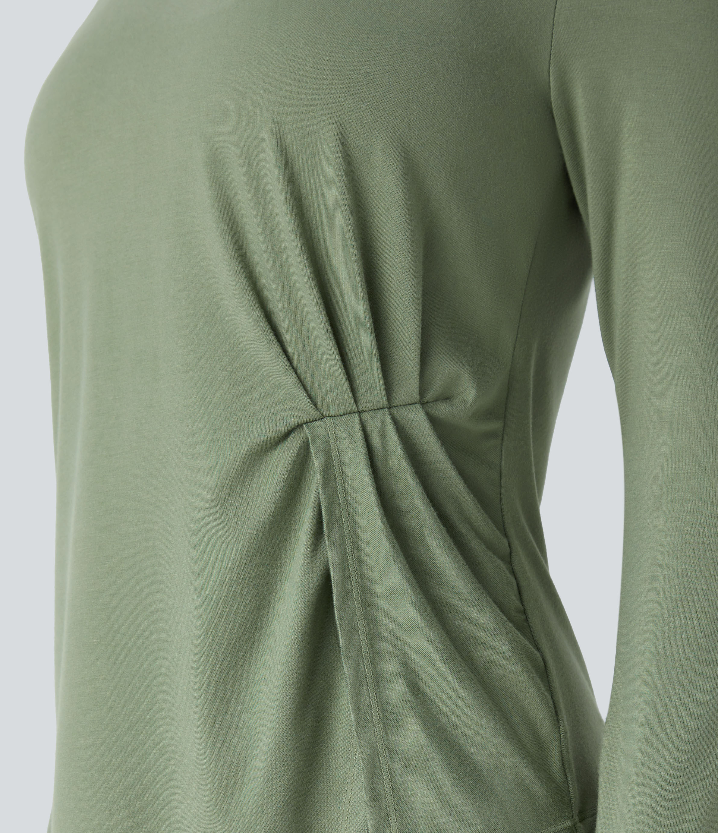 Halara Scoop Neck Long Sleeve Ruched Split Hem Slim Yoga Sports Top  - Watercress - S 