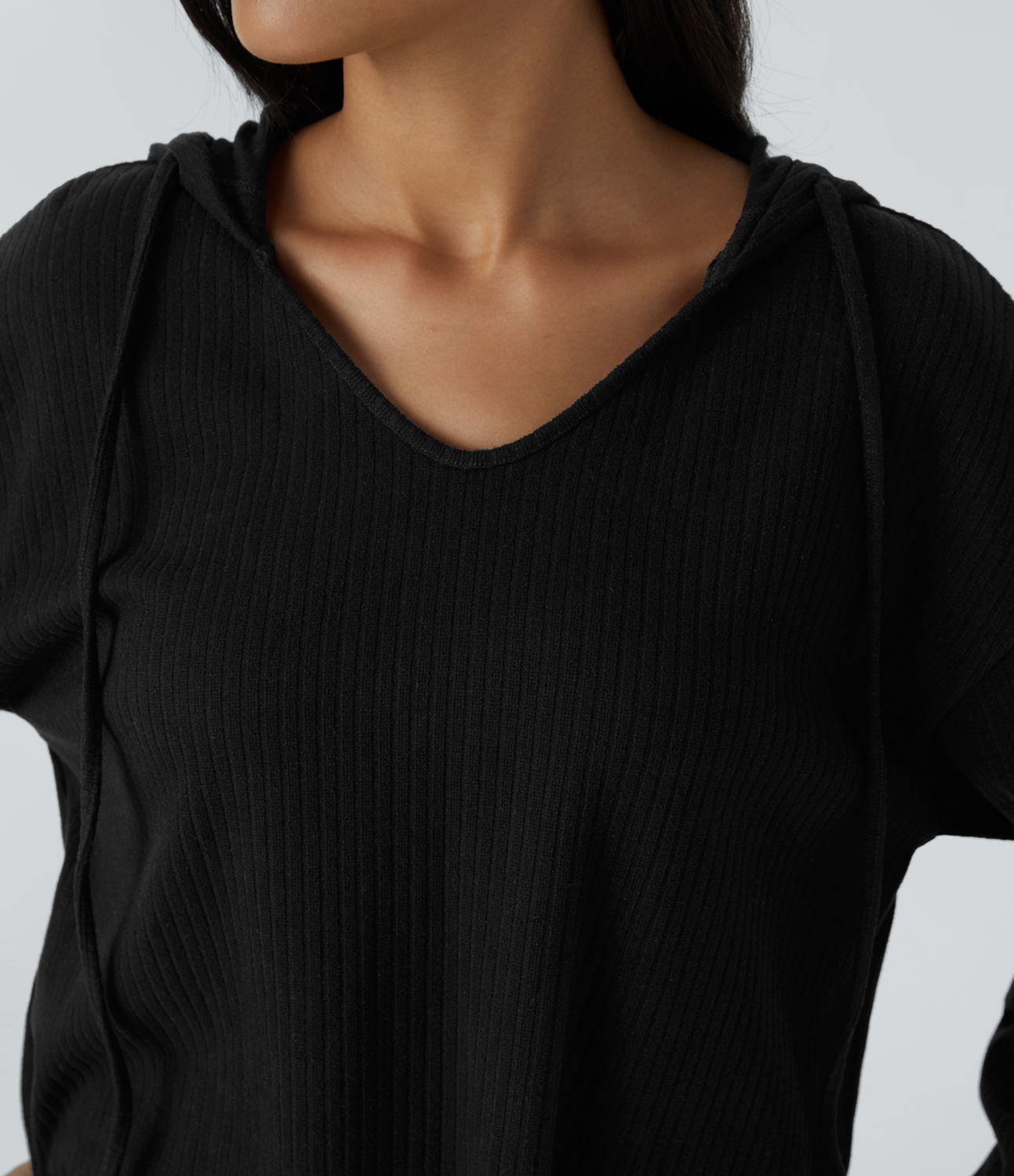 Halara Ribbed Knit Hooded V Neck Drawstring Long Sleeve Curved Hem Casual Sweatshirt  - Black - XS 
