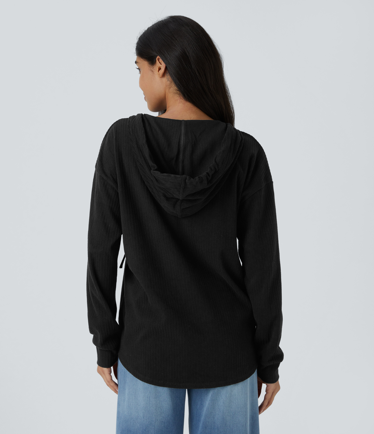 Halara Ribbed Knit Hooded V Neck Drawstring Long Sleeve Curved Hem Casual Sweatshirt  - Black - XS 