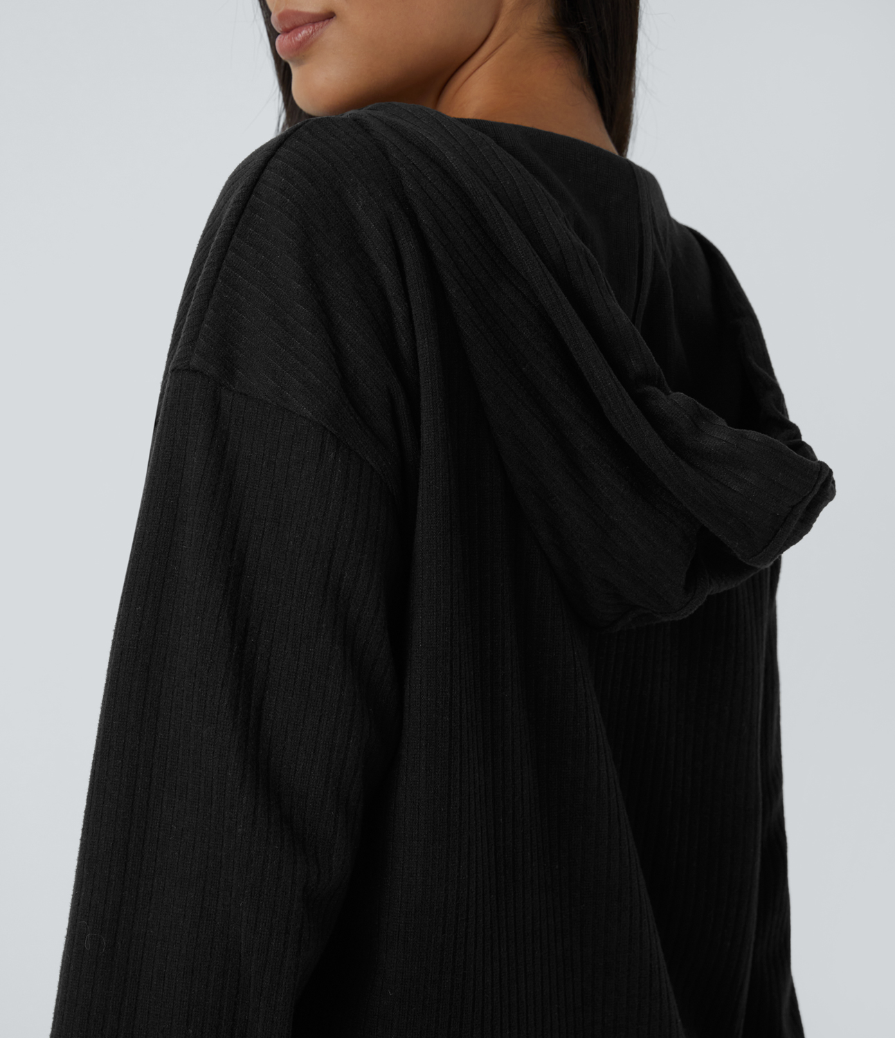 Halara Ribbed Knit Hooded V Neck Drawstring Long Sleeve Curved Hem Casual Sweatshirt  - Black - XS 