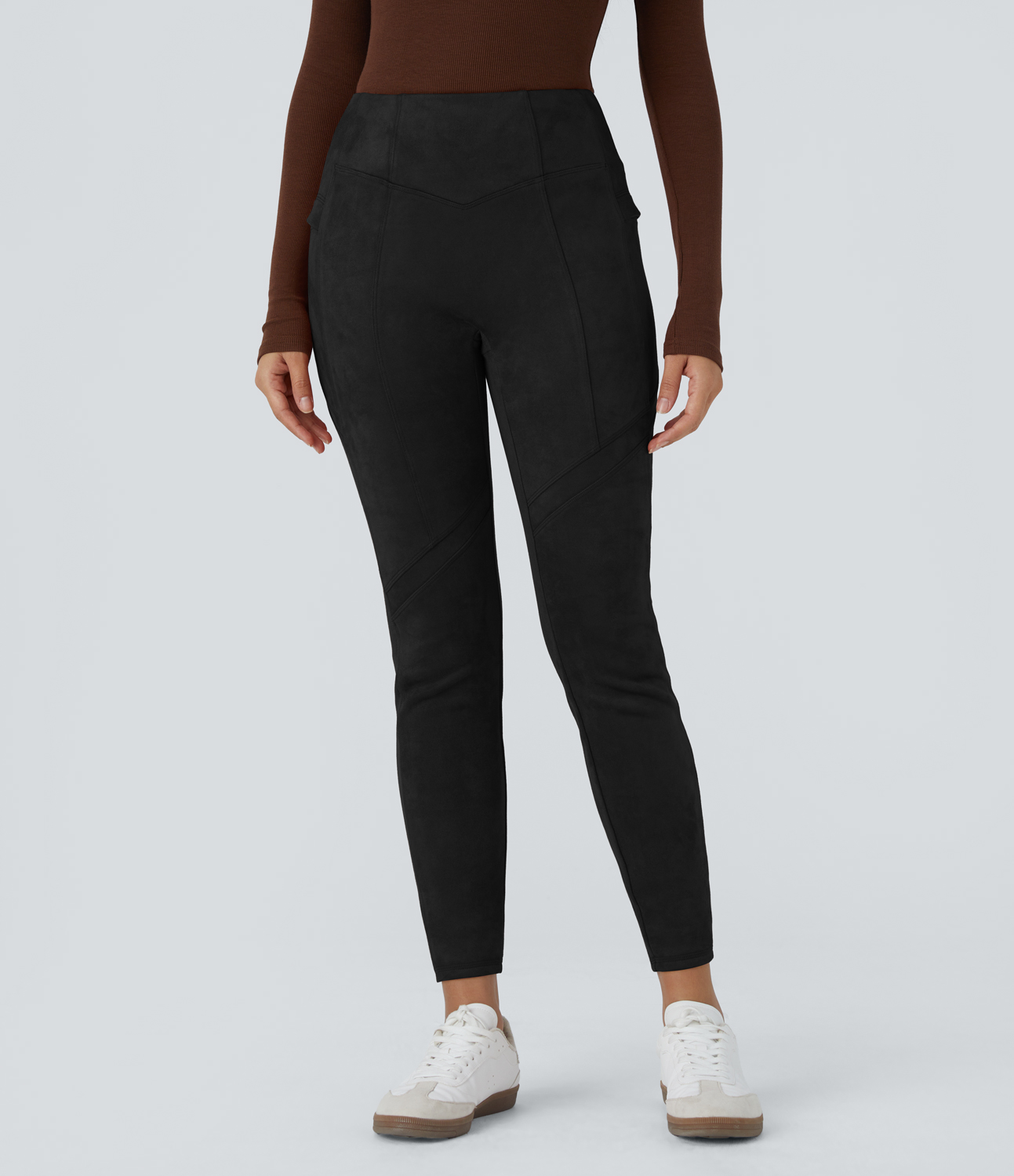Halara High Waisted Side Pocket Ankle Length Suede Casual Leggings  - Black - XS(7/8) gym leggings leggings with pockets 