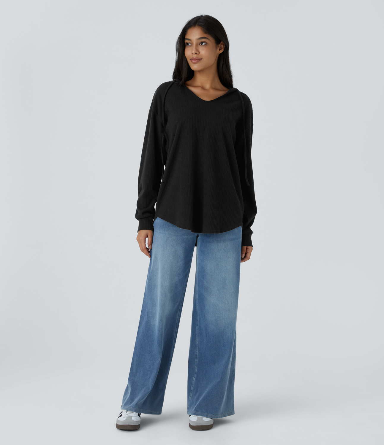 Halara Ribbed Knit Hooded V Neck Drawstring Long Sleeve Curved Hem Casual Sweatshirt  - Black - XS 