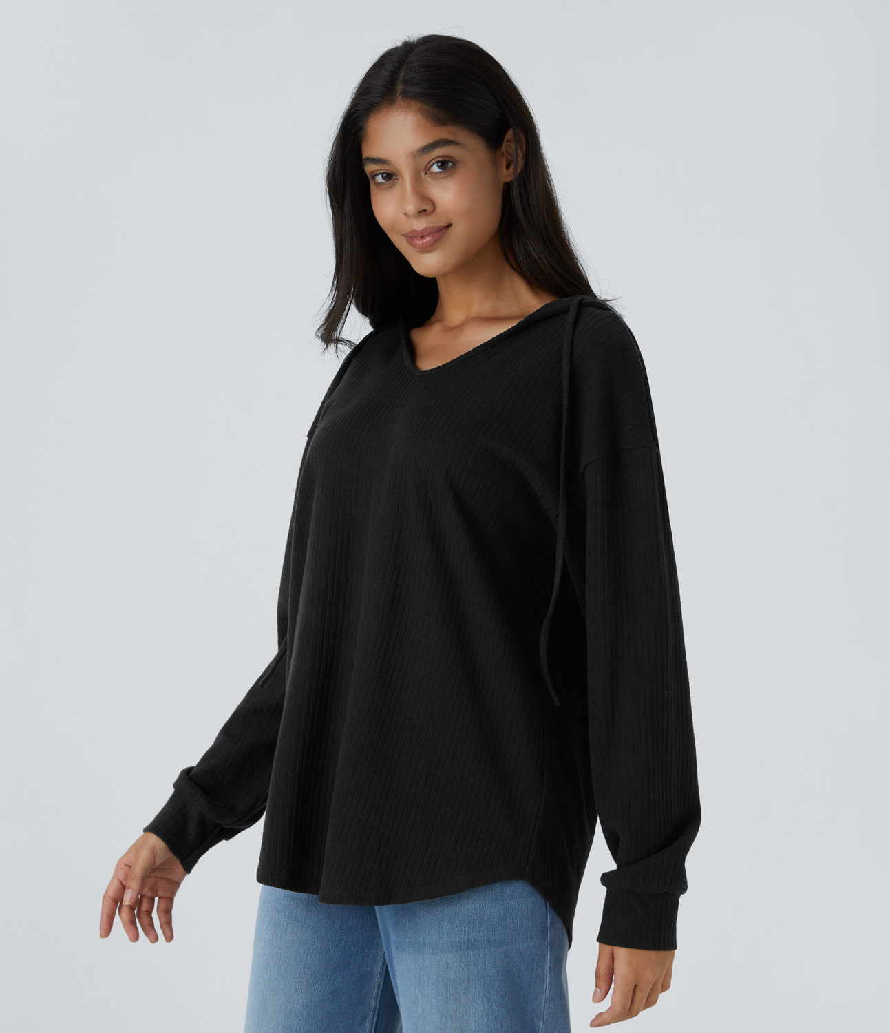 Halara Ribbed Knit Hooded V Neck Drawstring Long Sleeve Curved Hem Casual Sweatshirt  - Black - XS 