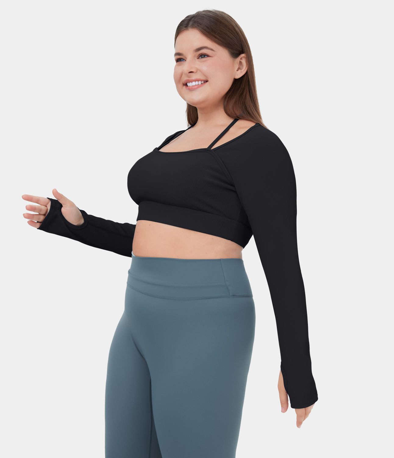 Halara Ribbed Halter Strap Thumb Hole Plus Size Cropped Yoga Sports Top  - Black - 3X 
