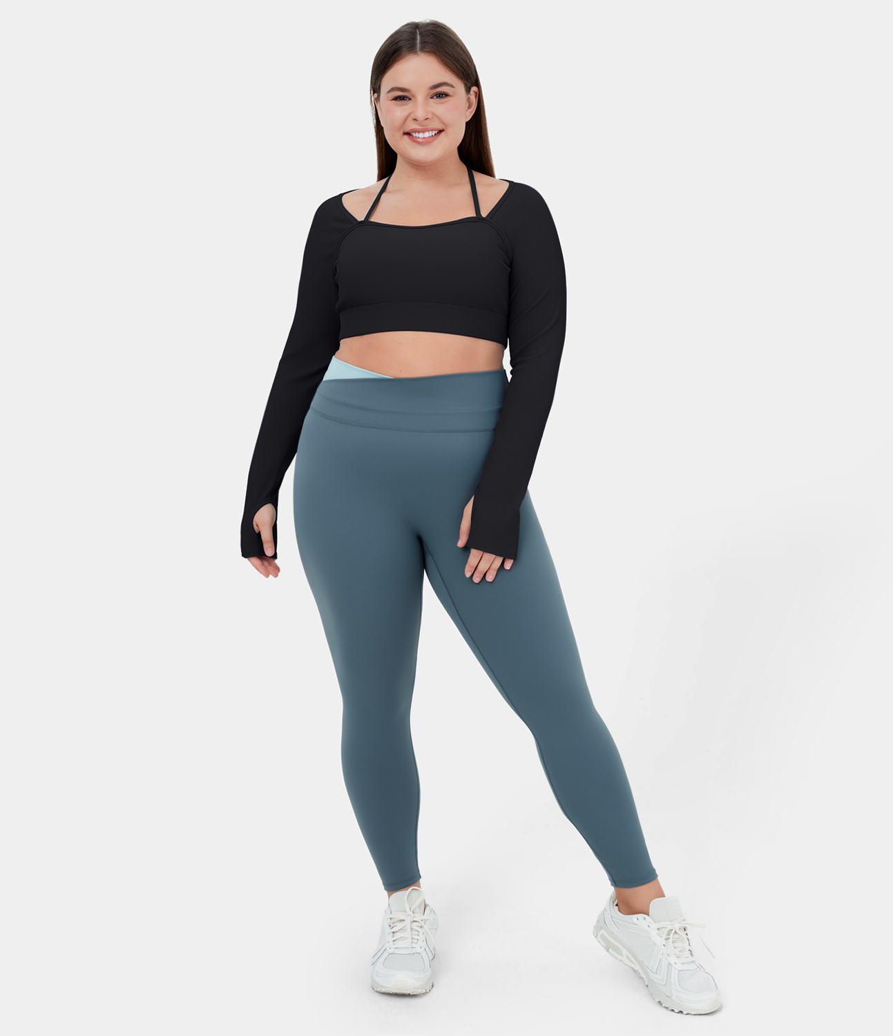 Halara Ribbed Halter Strap Thumb Hole Plus Size Cropped Yoga Sports Top  - Black - 3X 