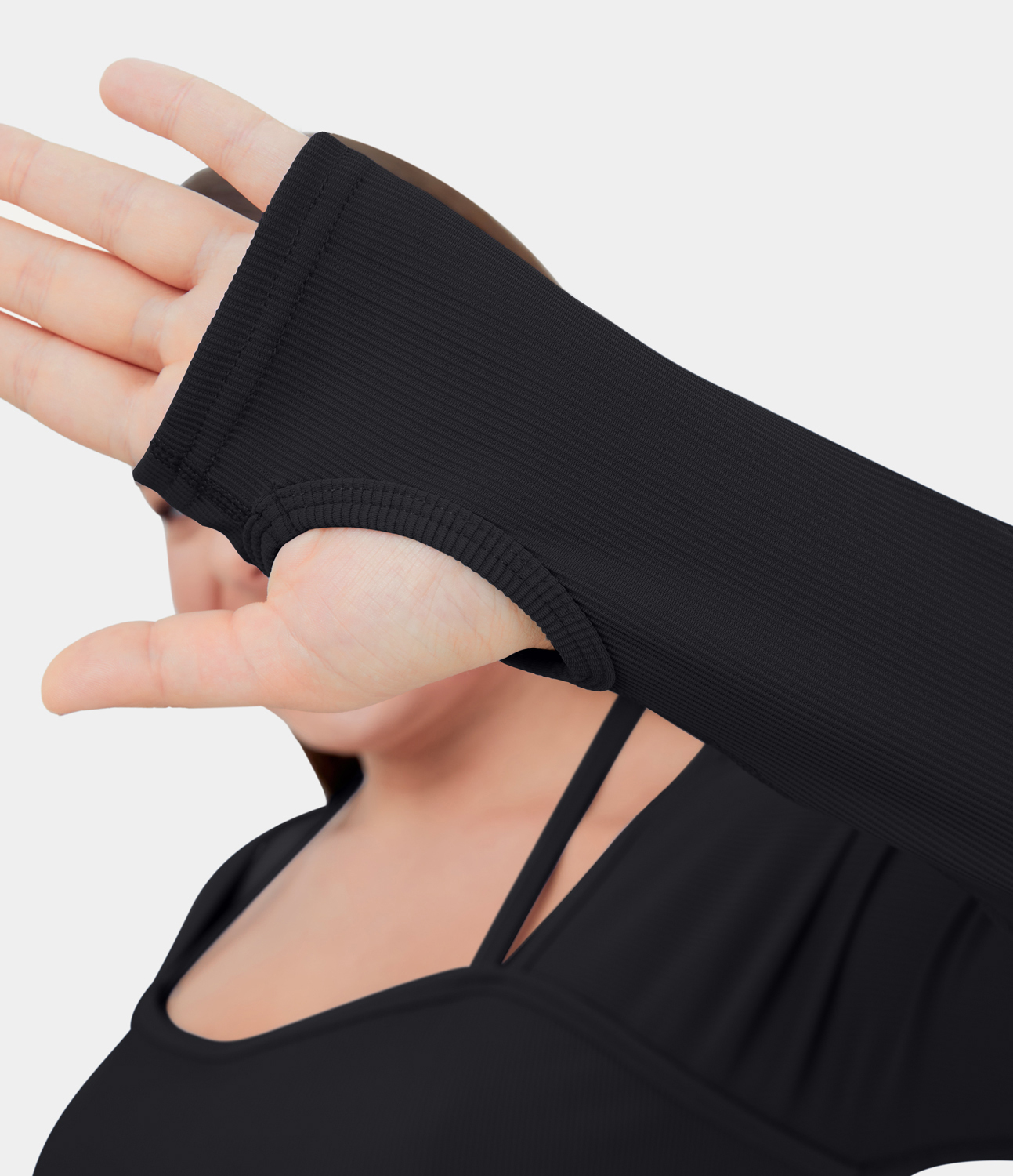 Halara Ribbed Halter Strap Thumb Hole Plus Size Cropped Yoga Sports Top  - Black - 3X 