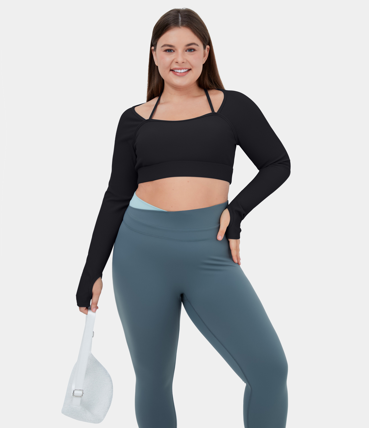 Halara Ribbed Halter Strap Thumb Hole Plus Size Cropped Yoga Sports Top  - Black - 3X 