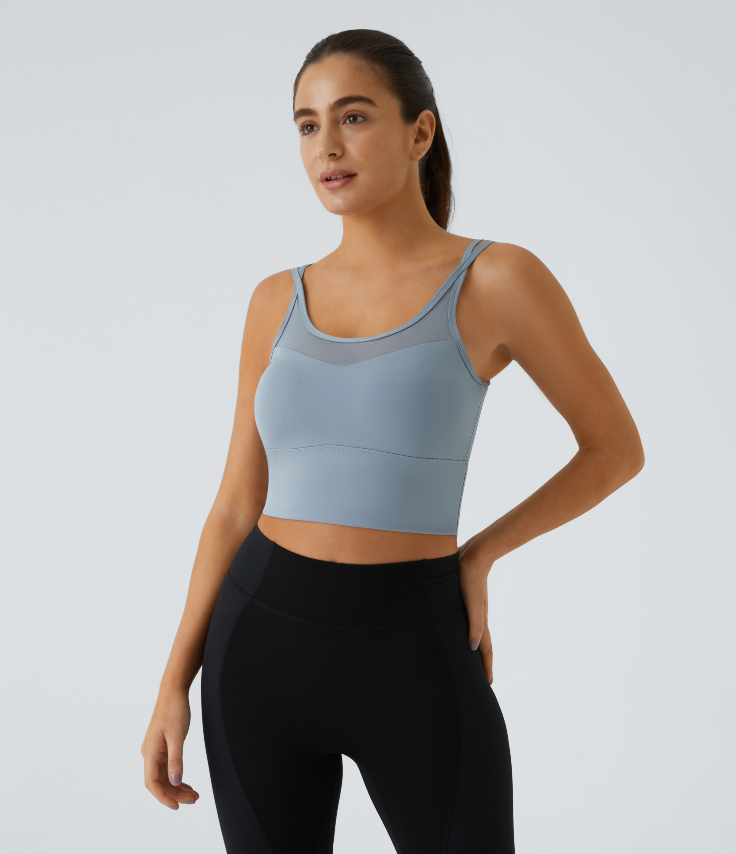 Halara Low Support Backless Cut Out Contrast Mesh Yoga Sports Bra  - Blue Fog - S push up bra strapless bra backless bra sticky bra 