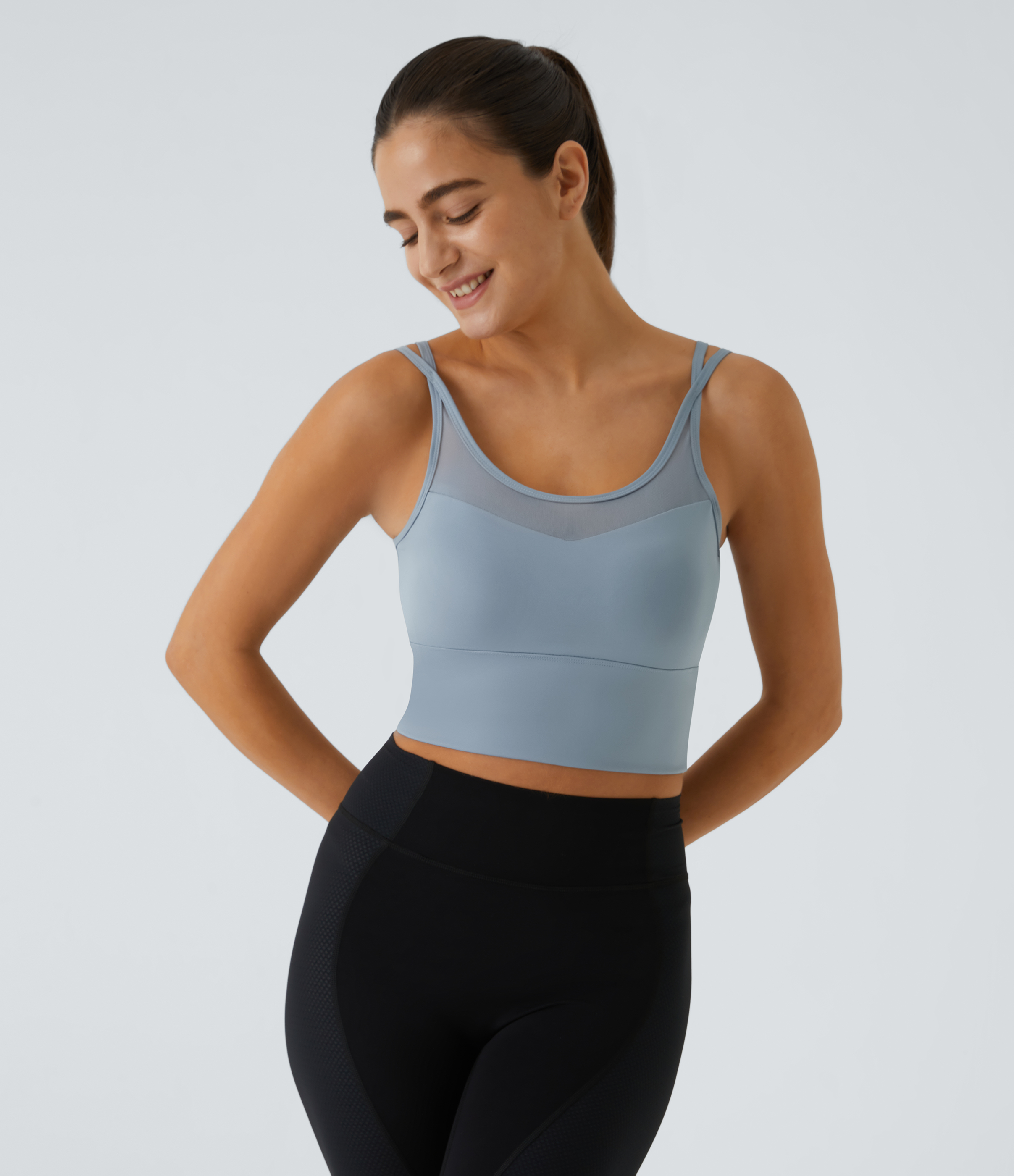 Halara Low Support Backless Cut Out Contrast Mesh Yoga Sports Bra  - Blue Fog - S push up bra strapless bra backless bra sticky bra 