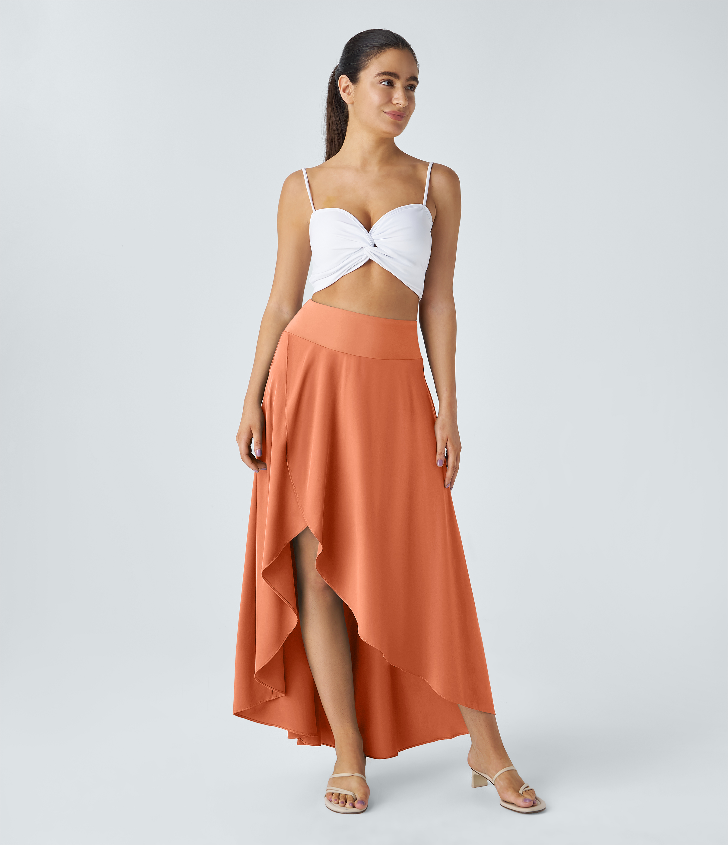 Halara Breezefulв„ў High Waisted High Low Ruffle 2-in-1 Flowy Quick Dry Casual Regular Maxi Skirt  - Blush Orange - M(regular) 