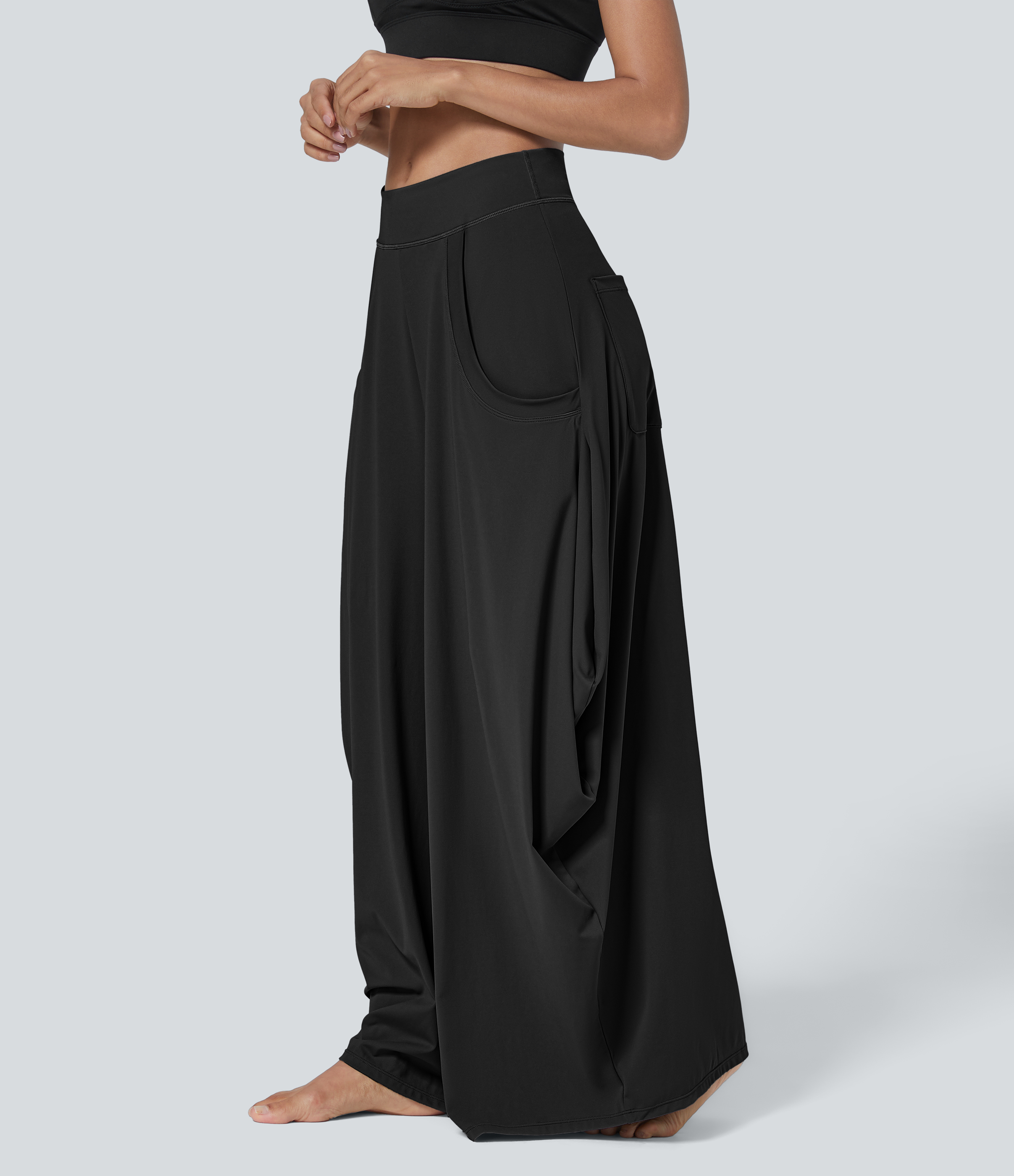 Halara Mid Rise Multiple Pockets Draped Wide Leg Casual Pants  - Black - M(regular) 