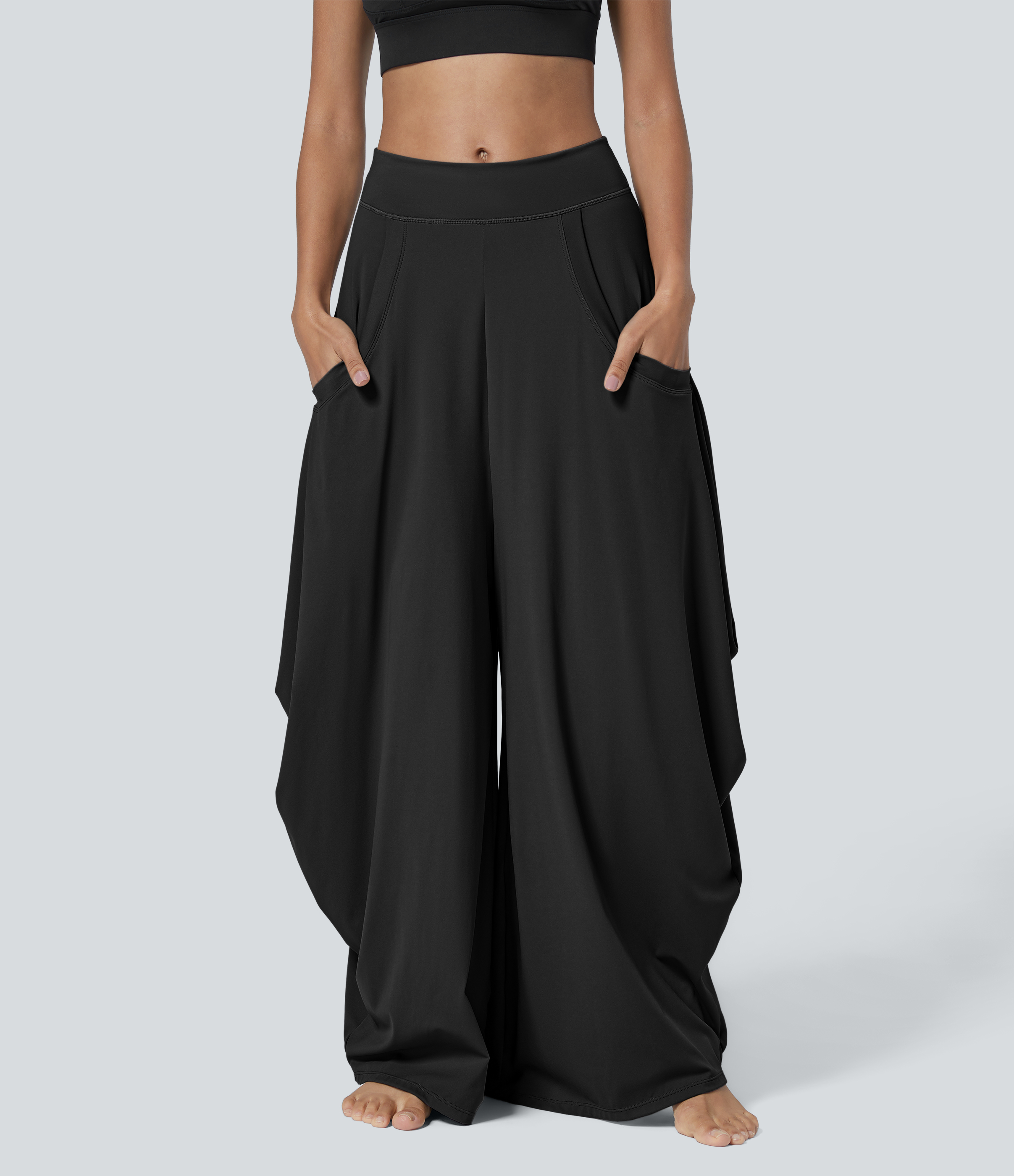 Halara Mid Rise Multiple Pockets Draped Wide Leg Casual Pants  - Black - M(regular) 