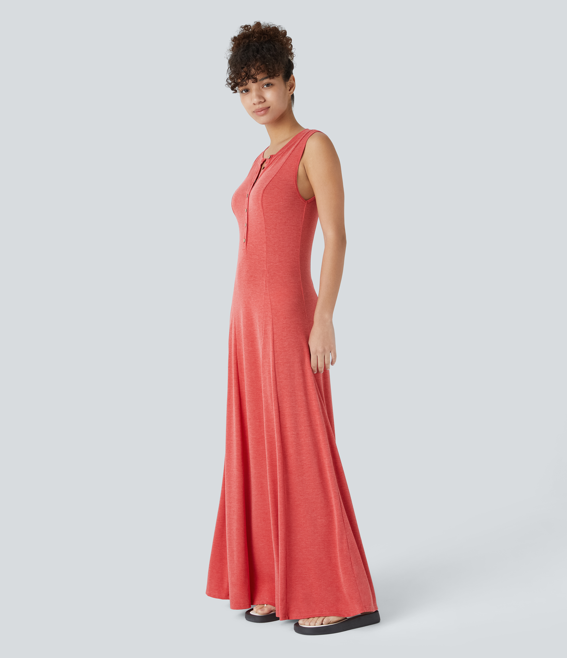 Halara Round Neck Button Sleeveless Flare Maxi Casual Dress Casual Dress - Poinsettia Floral Yarn - S slip dress beach dress ruched dress 