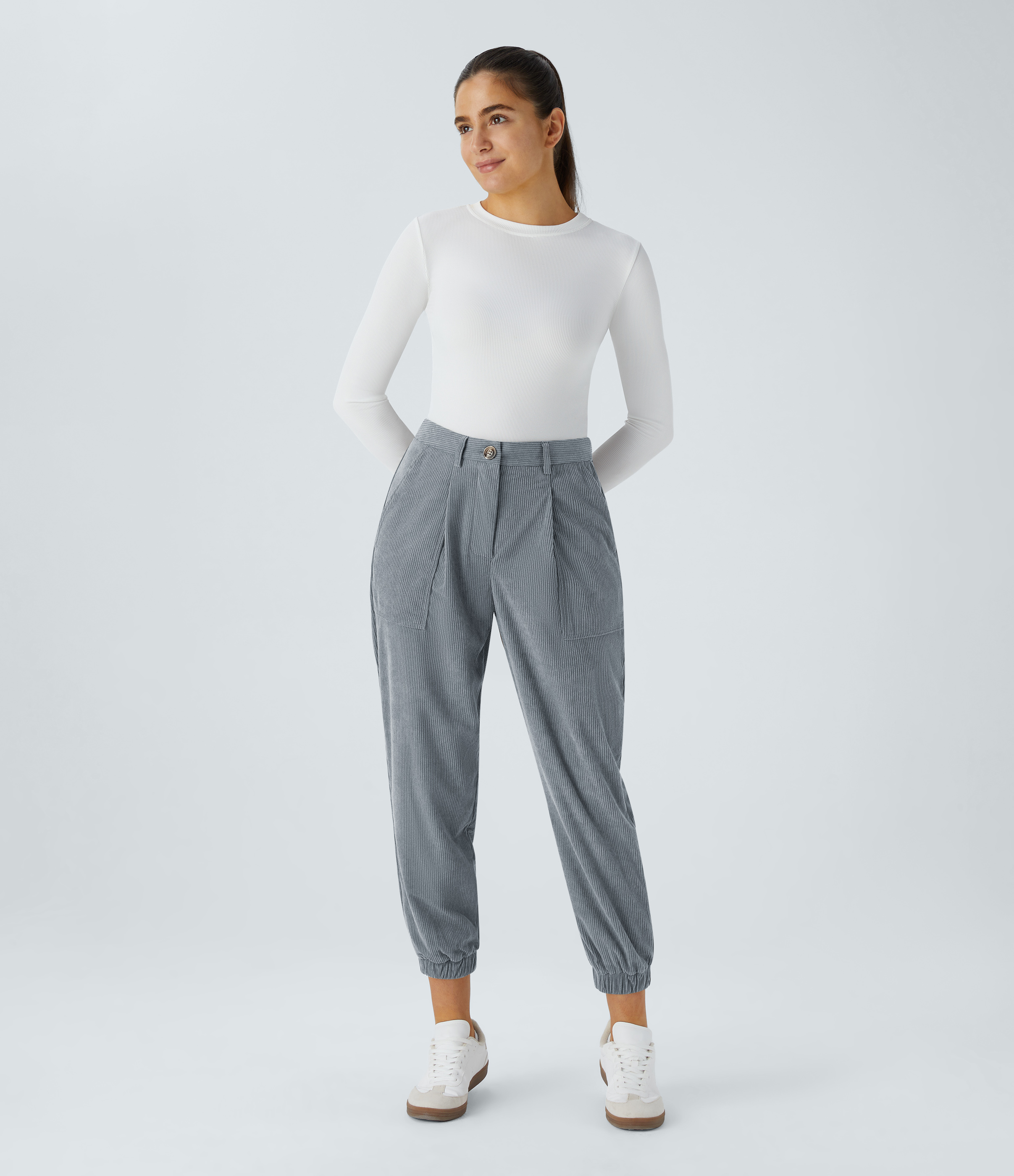 Halara Mid Rise Button Zipper Multiple Pockets Corduroy Casual Joggers  - Cloud Gray Blue - M(regular) 