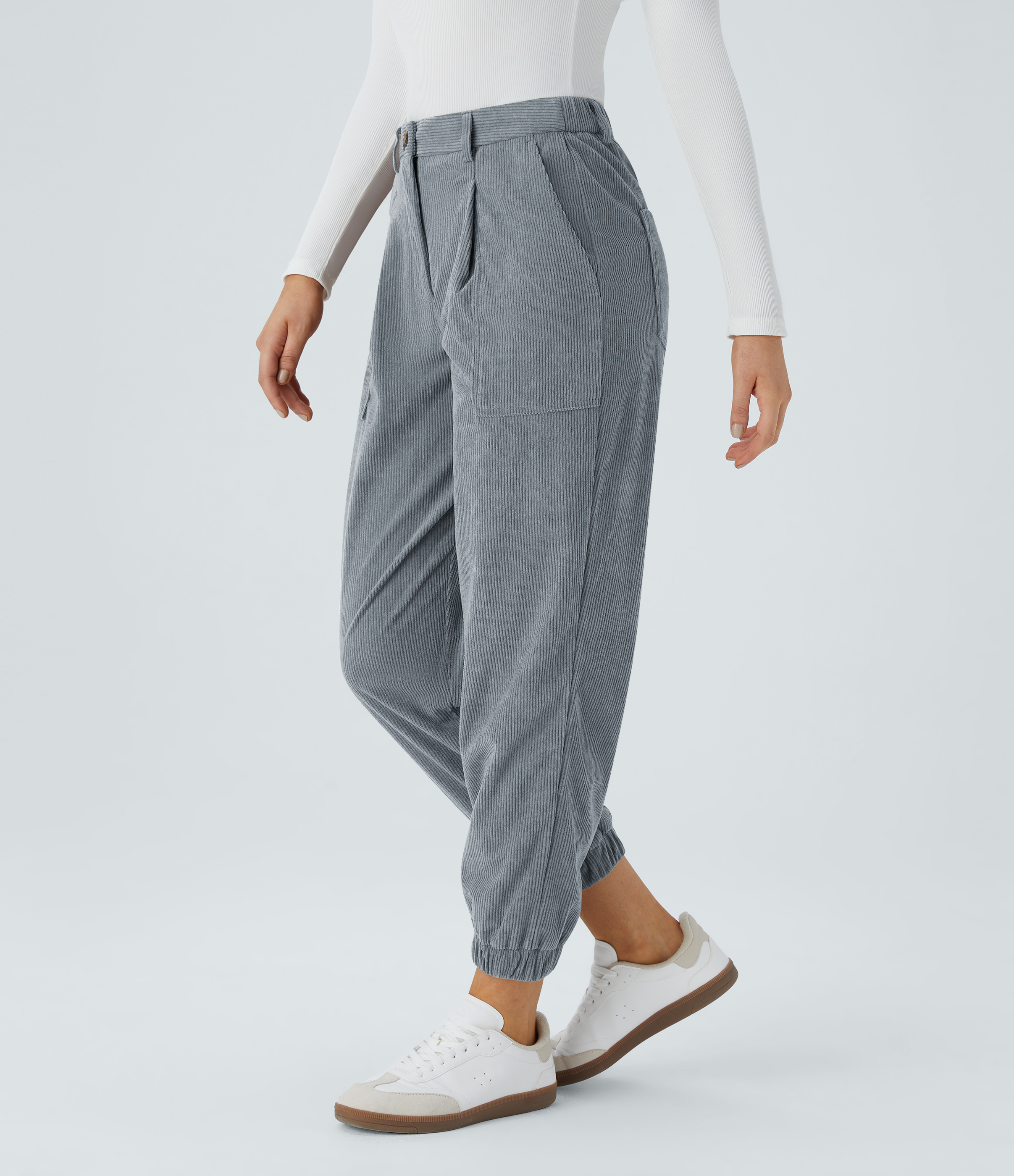 Halara Mid Rise Button Zipper Multiple Pockets Corduroy Casual Joggers  - Cloud Gray Blue - M(regular) 