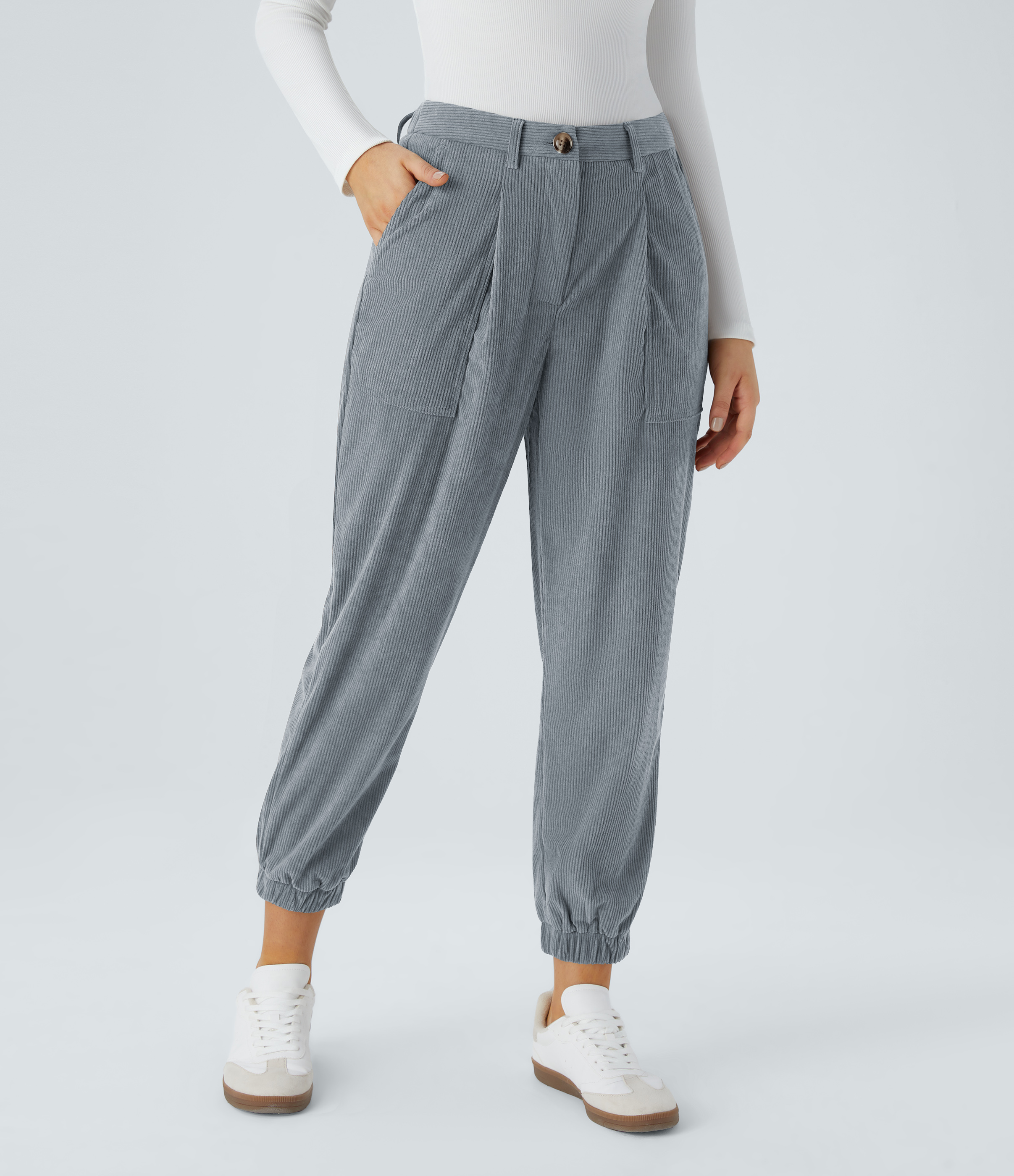 Halara Mid Rise Button Zipper Multiple Pockets Corduroy Casual Joggers  - Cloud Gray Blue - M(regular) 