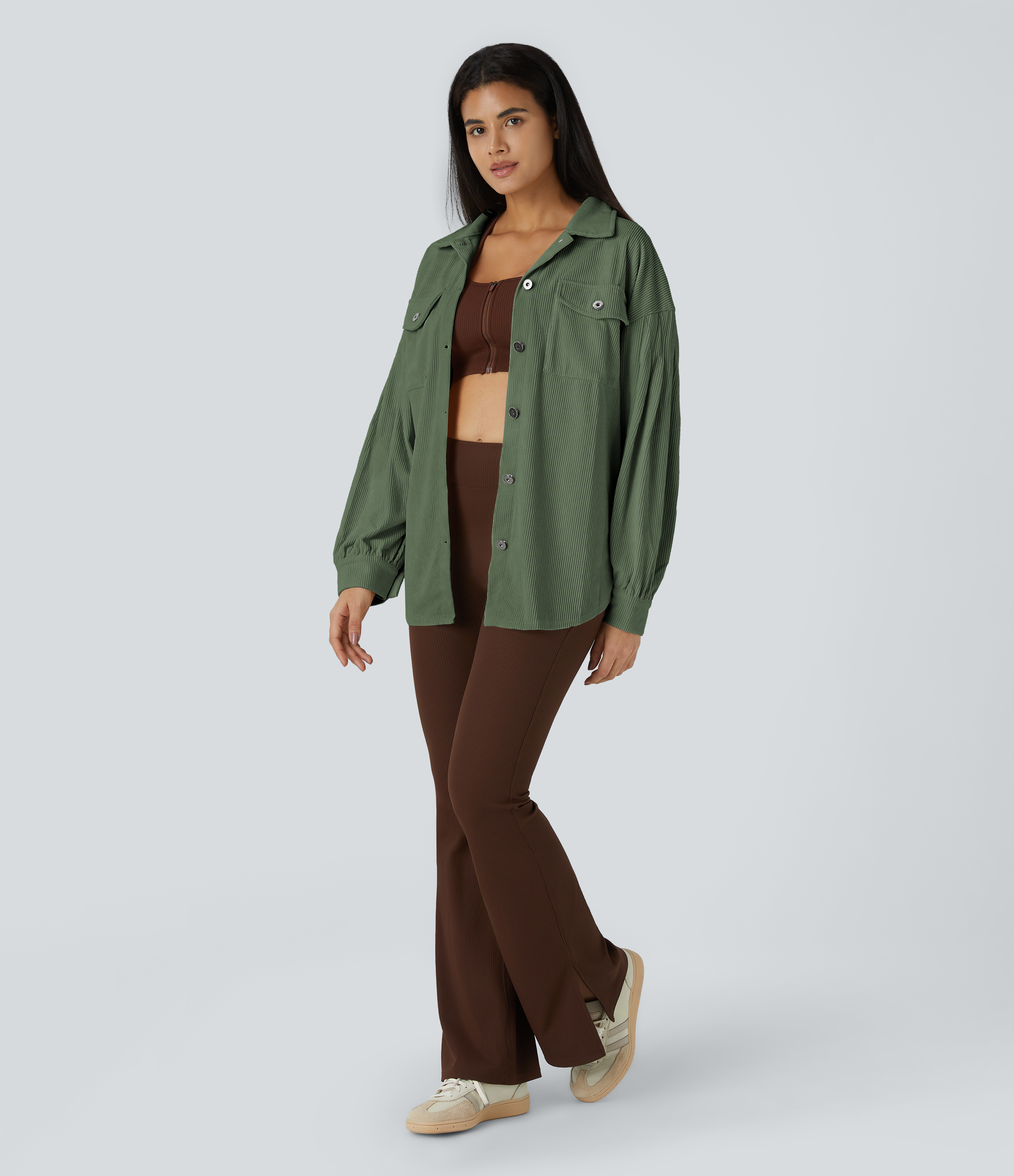 Halara Collared Button Pocket Long sleeve Curved Hem Corduroy Casual Jacket  - Rifle Green - XL 