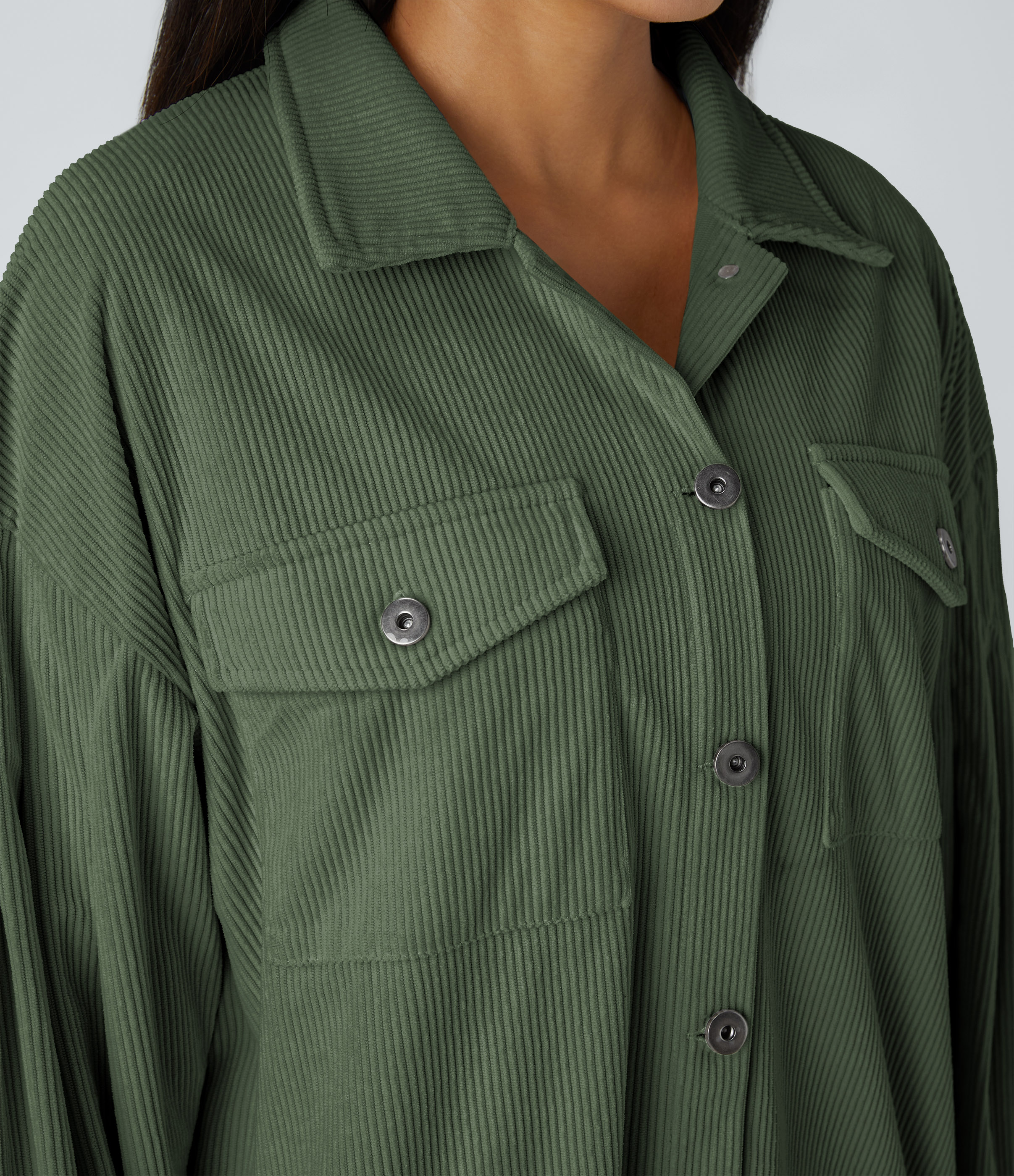Halara Collared Button Pocket Long sleeve Curved Hem Corduroy Casual Jacket  - Rifle Green - XL 