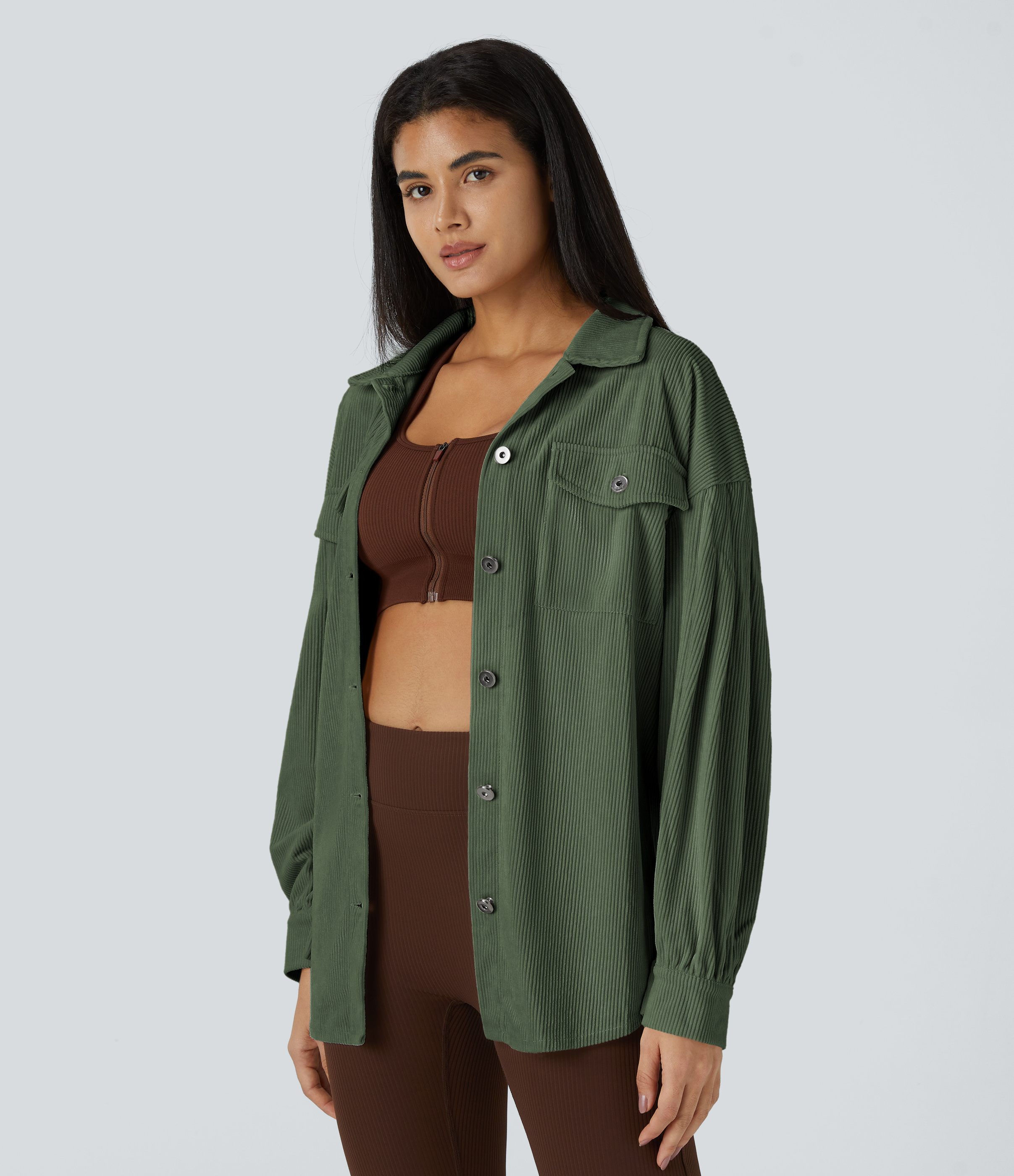 Halara Collared Button Pocket Long sleeve Curved Hem Corduroy Casual Jacket  - Rifle Green - XL 