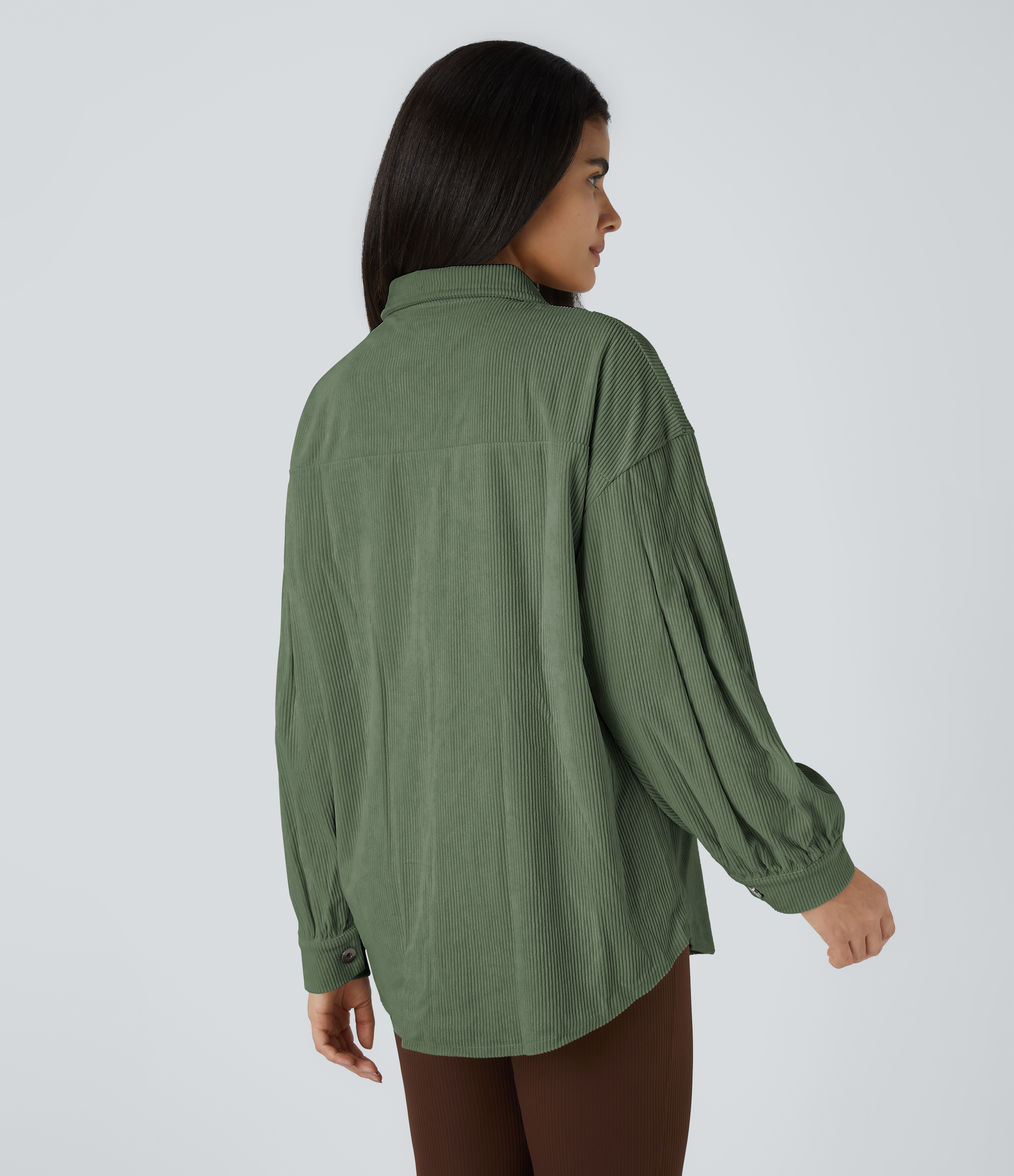 Halara Collared Button Pocket Long sleeve Curved Hem Corduroy Casual Jacket  - Rifle Green - XL 