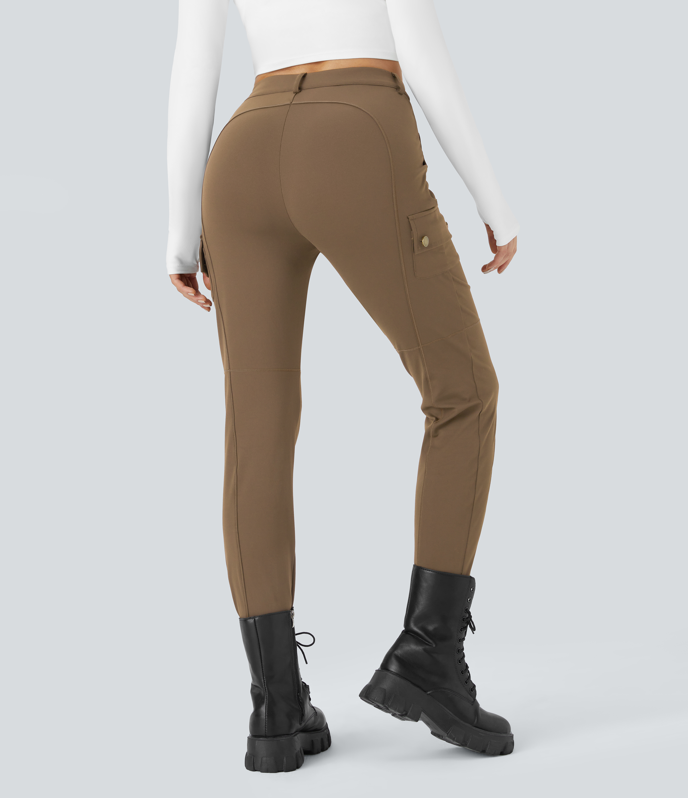 Halara High Waisted Button Zipper Multiple Pockets Solid Skinny Cargo Pants  - Sepia - L(petite) 