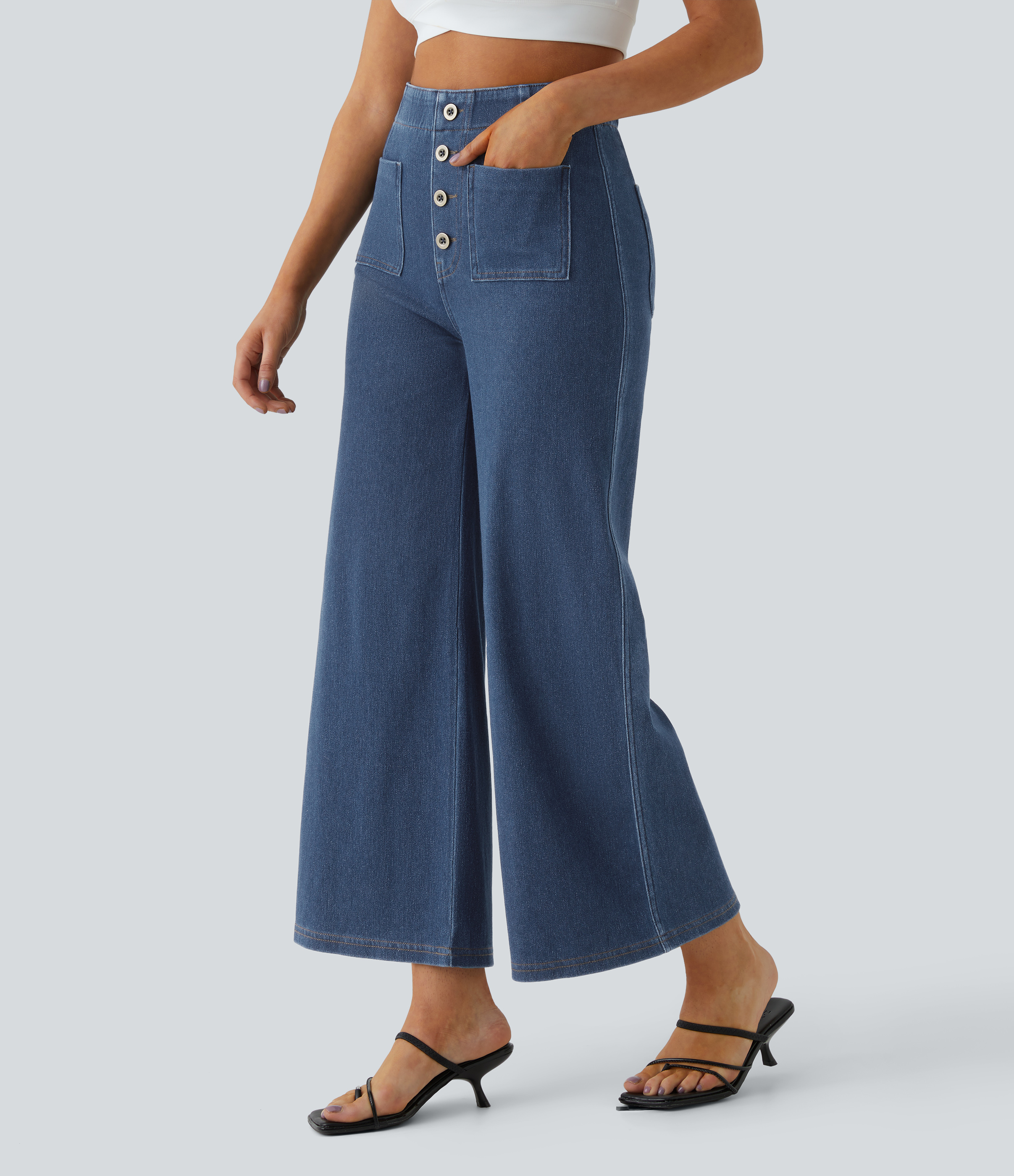 Halara HalaraMagicв„ў High Waisted Button Pockets Washed Stretchy Knit Denim Casual Wide Leg Pants  - Washed Denim Lake Blue - L sweatpants 
