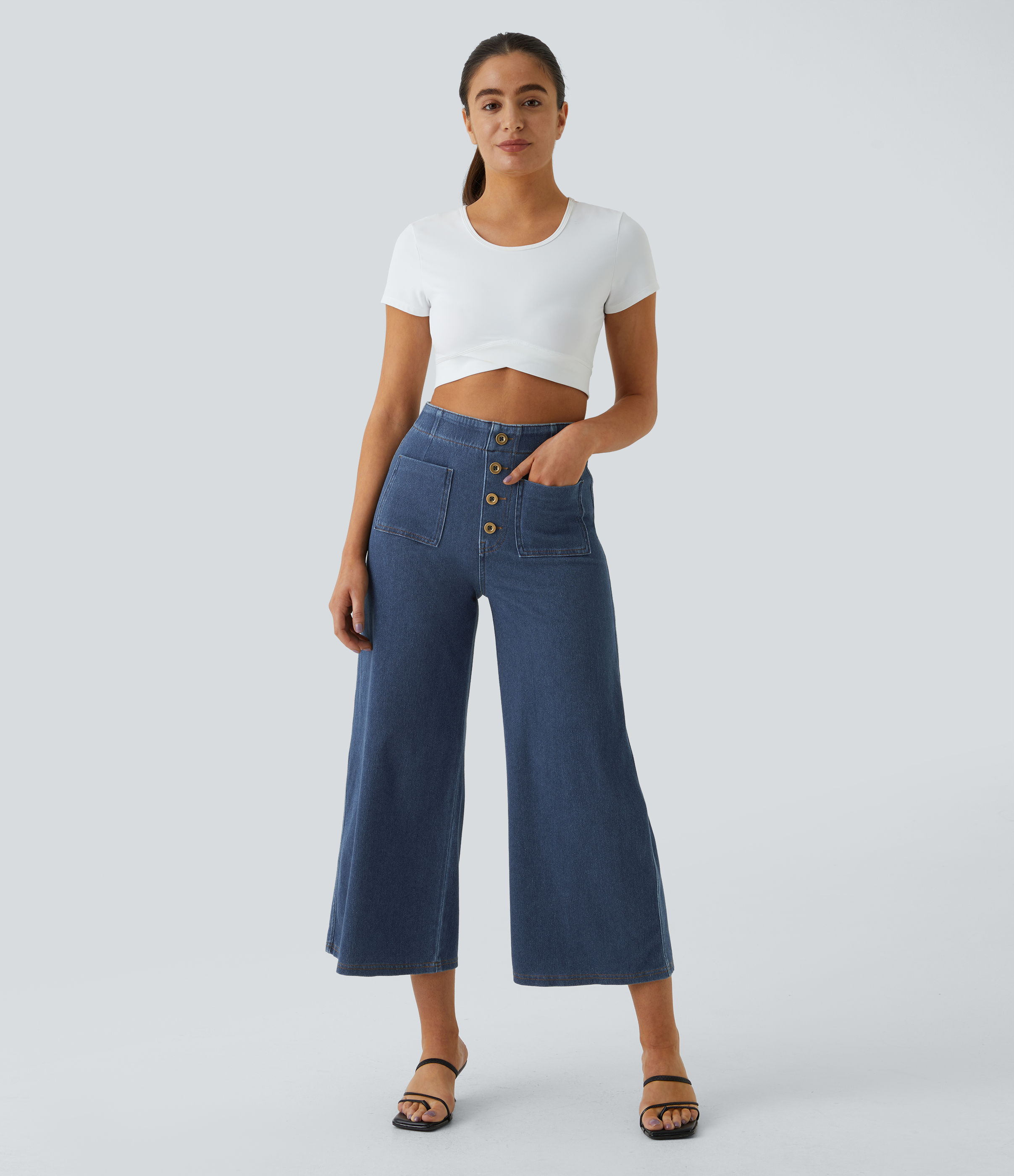 Halara HalaraMagicв„ў High Waisted Button Pockets Washed Stretchy Knit Denim Casual Wide Leg Pants  - Washed Denim Lake Blue - L sweatpants 